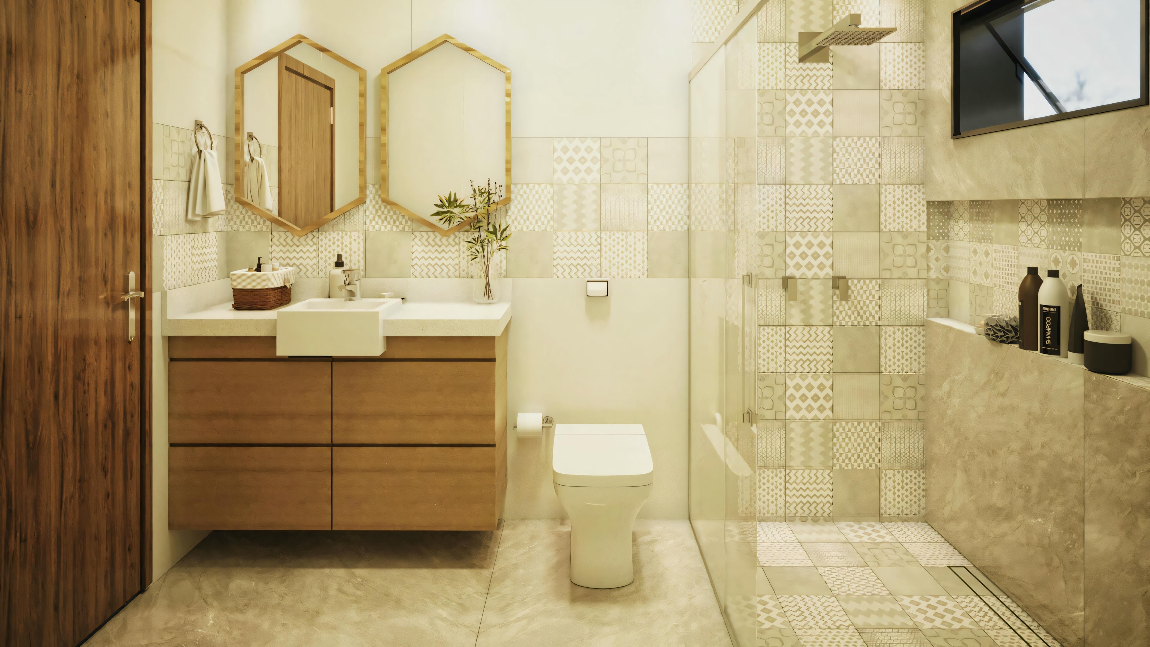 Un baño con lavabo, espejo, inodoro y zona de ducha con mampara de cristal.