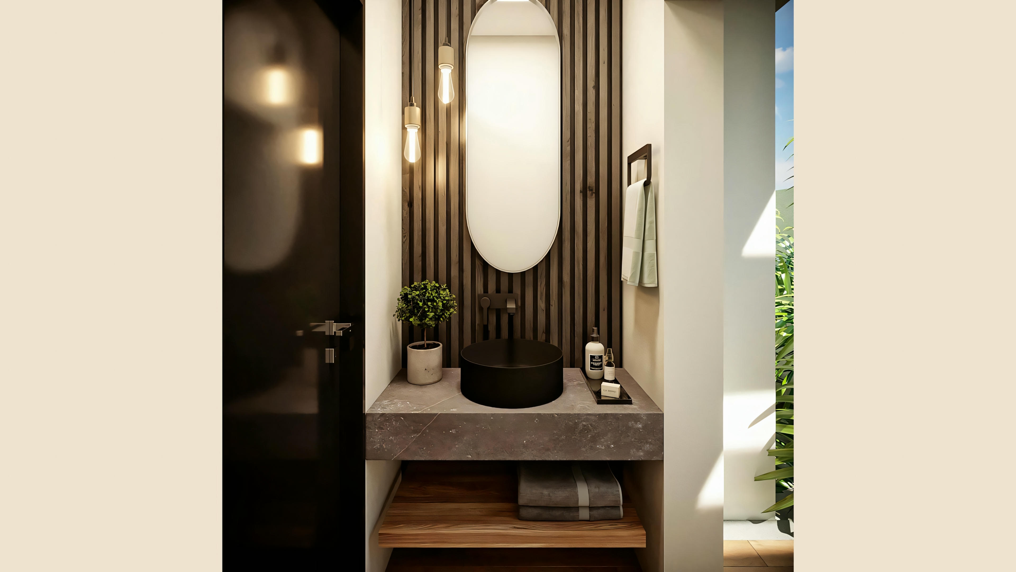 Baño moderno con espejo redondo grande encima del lavabo, lámparas colgantes y plantas a un lado.
