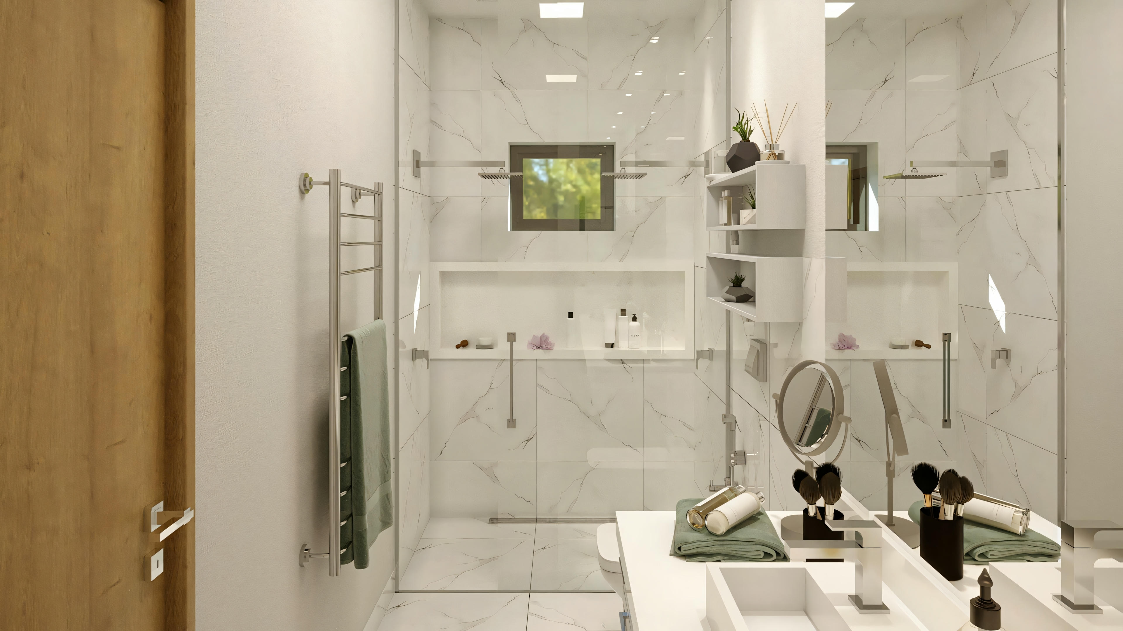 Un baño con mampara de ducha de cristal, lavabo blanco con espejo encima y paredes revestidas de azulejos.