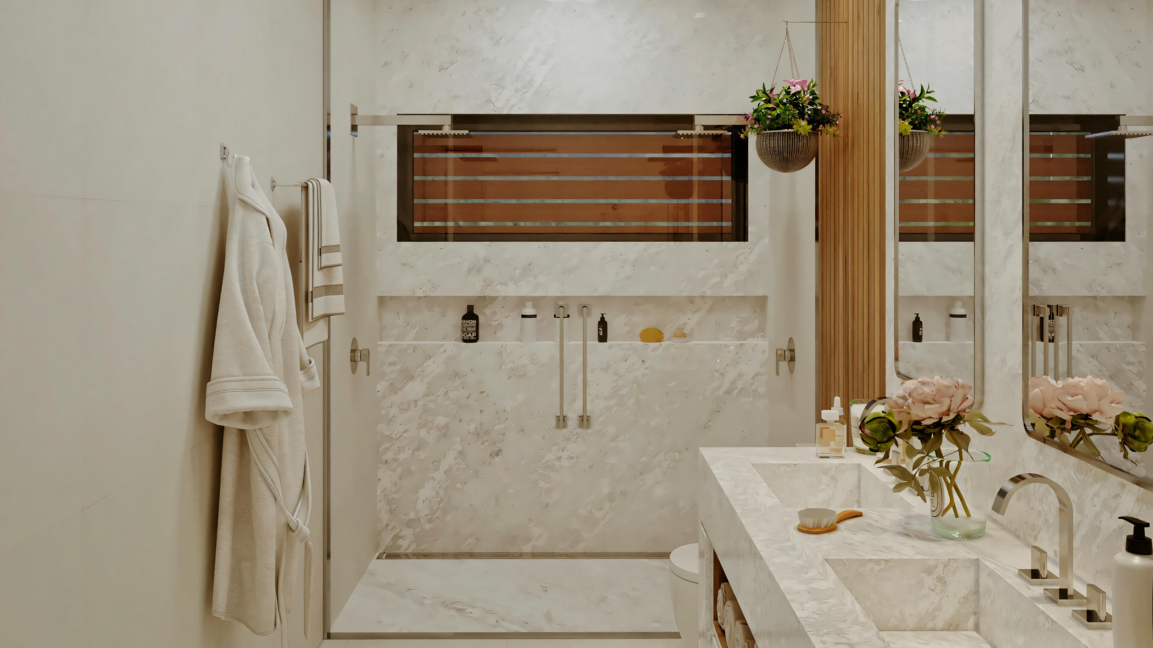 Un baño con persianas de madera, bañera y lavabos dobles.