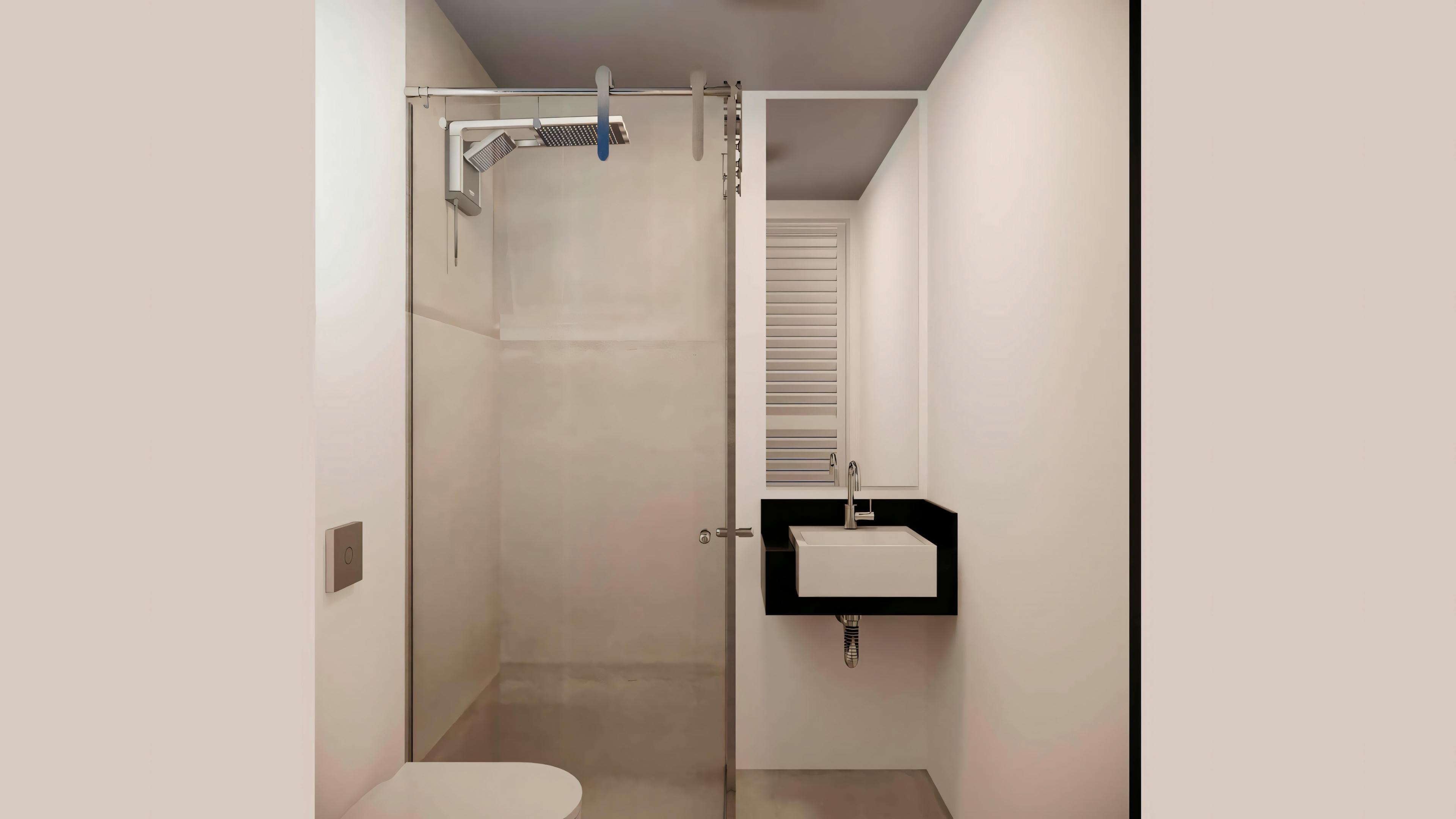 Un baño moderno com mampara de vidrio, inodoro blanco y toallero en la pared.