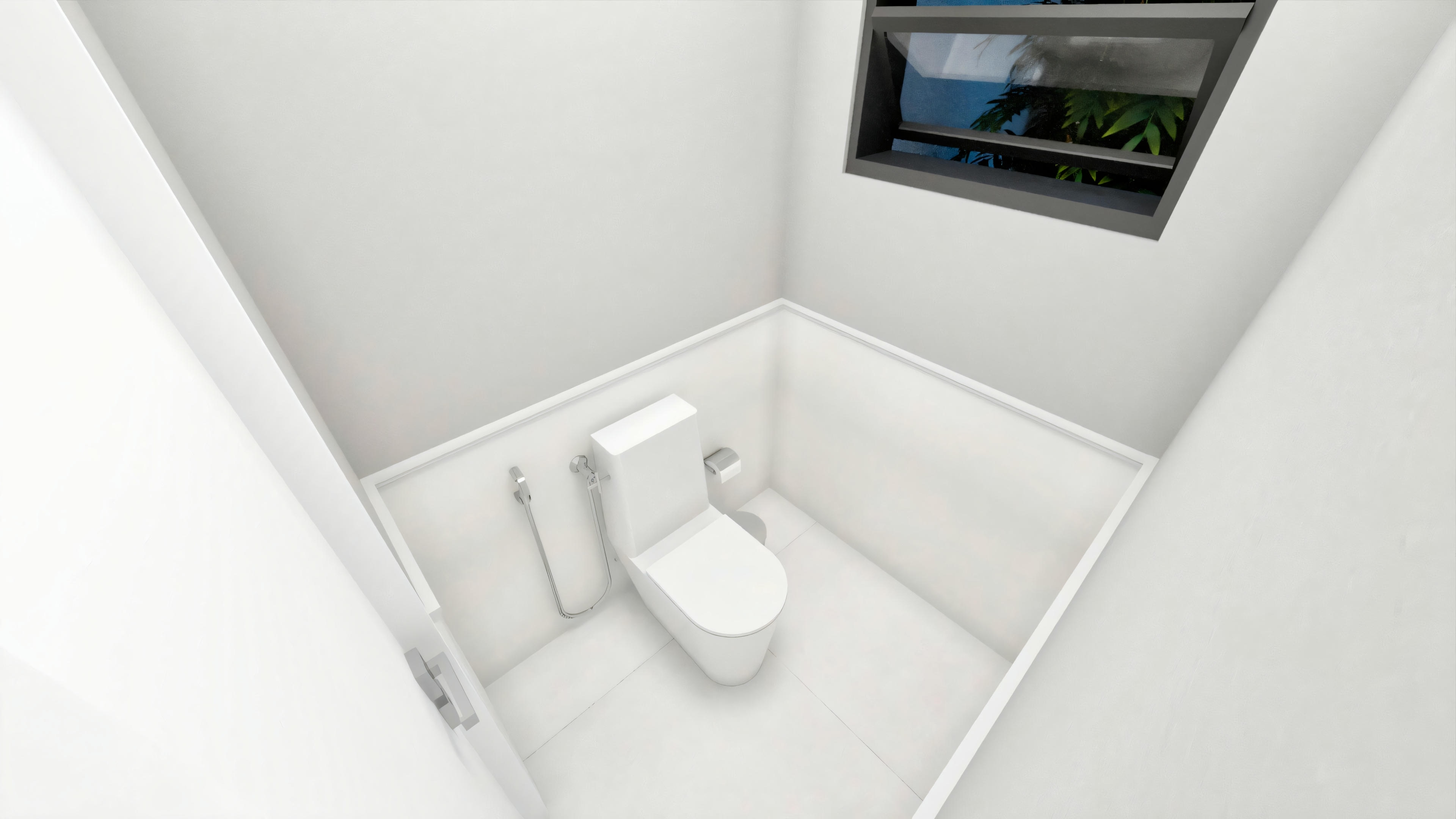 Un baño pequeño com inodoro blanco y una pequeña ventana encima.
