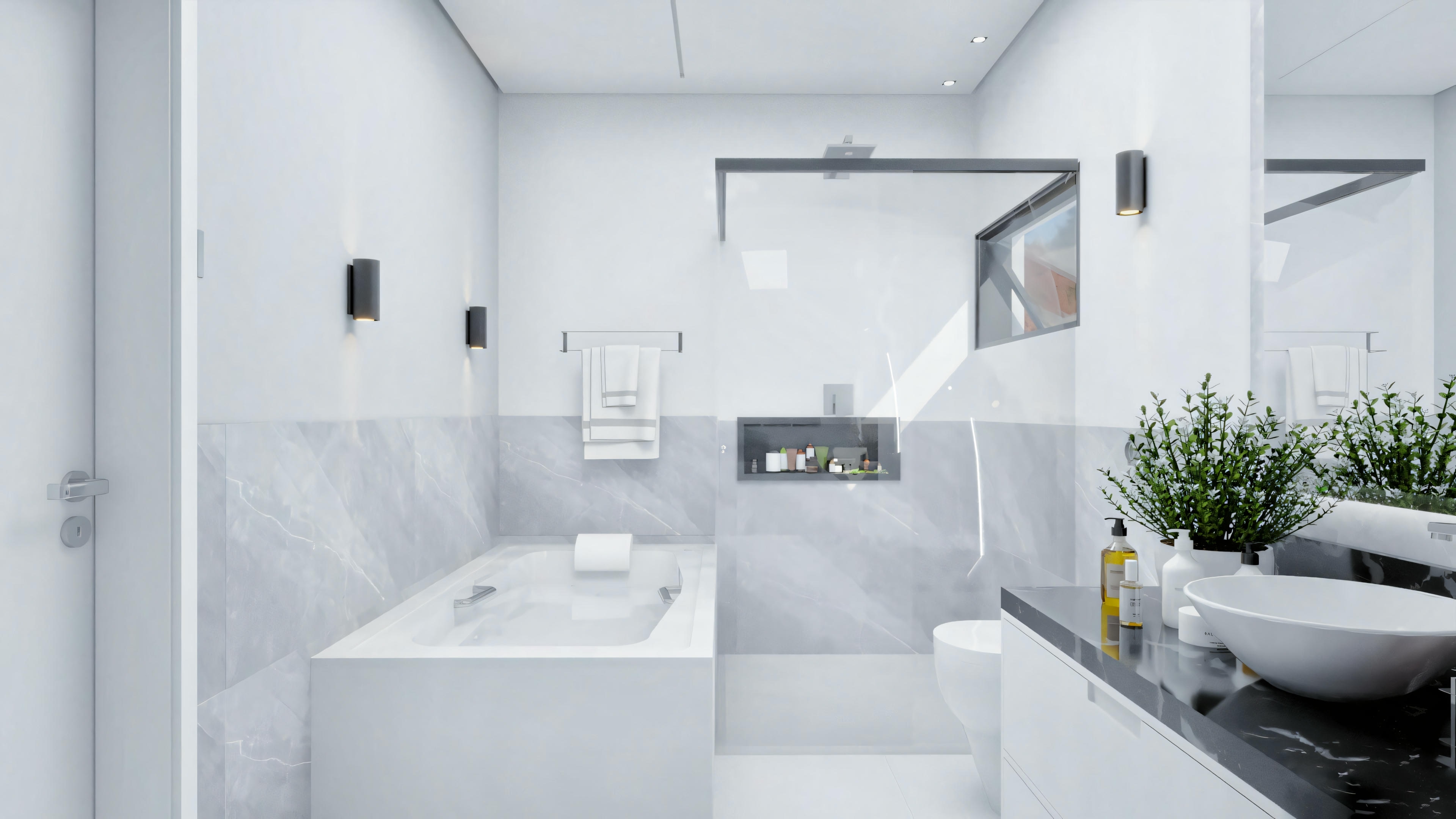 A bathroom with a sink, mirror, and various amenities, featuring a modern design.