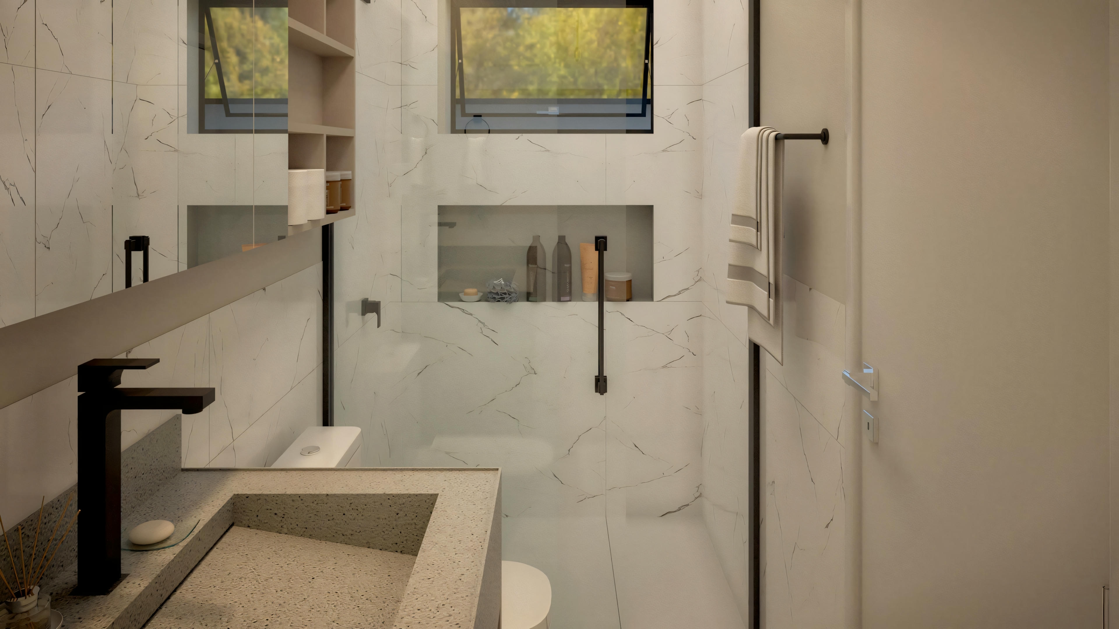 A bathroom with a beige countertop, an inset sink, and an open shower area without a door.