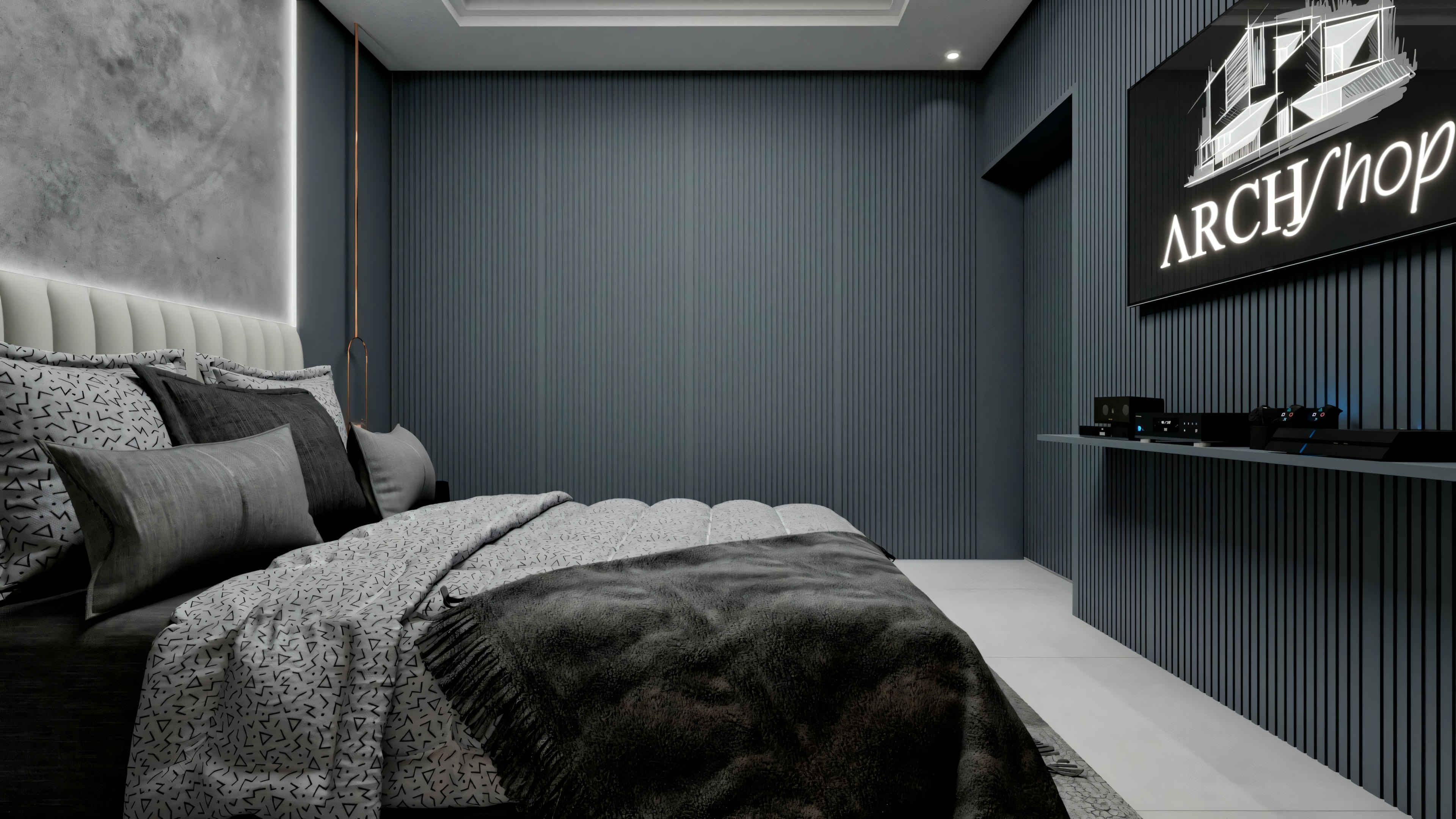 Bedroom with a gray color scheme, bed with bedding and pillows, and a wall-mounted shelf