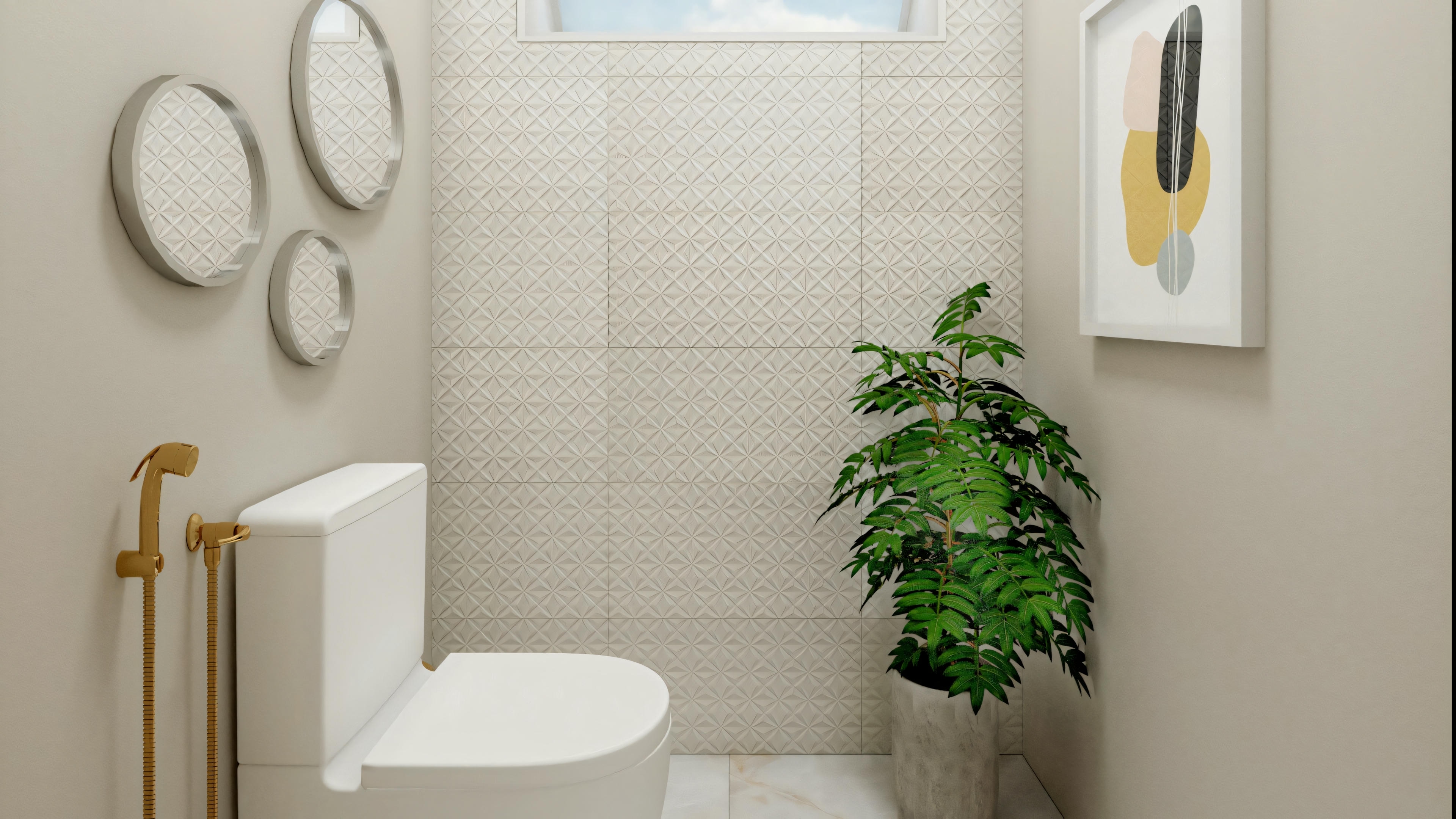 Un cuarto de baño con paredes blancas, inodoro y planta decorativa en el suelo.