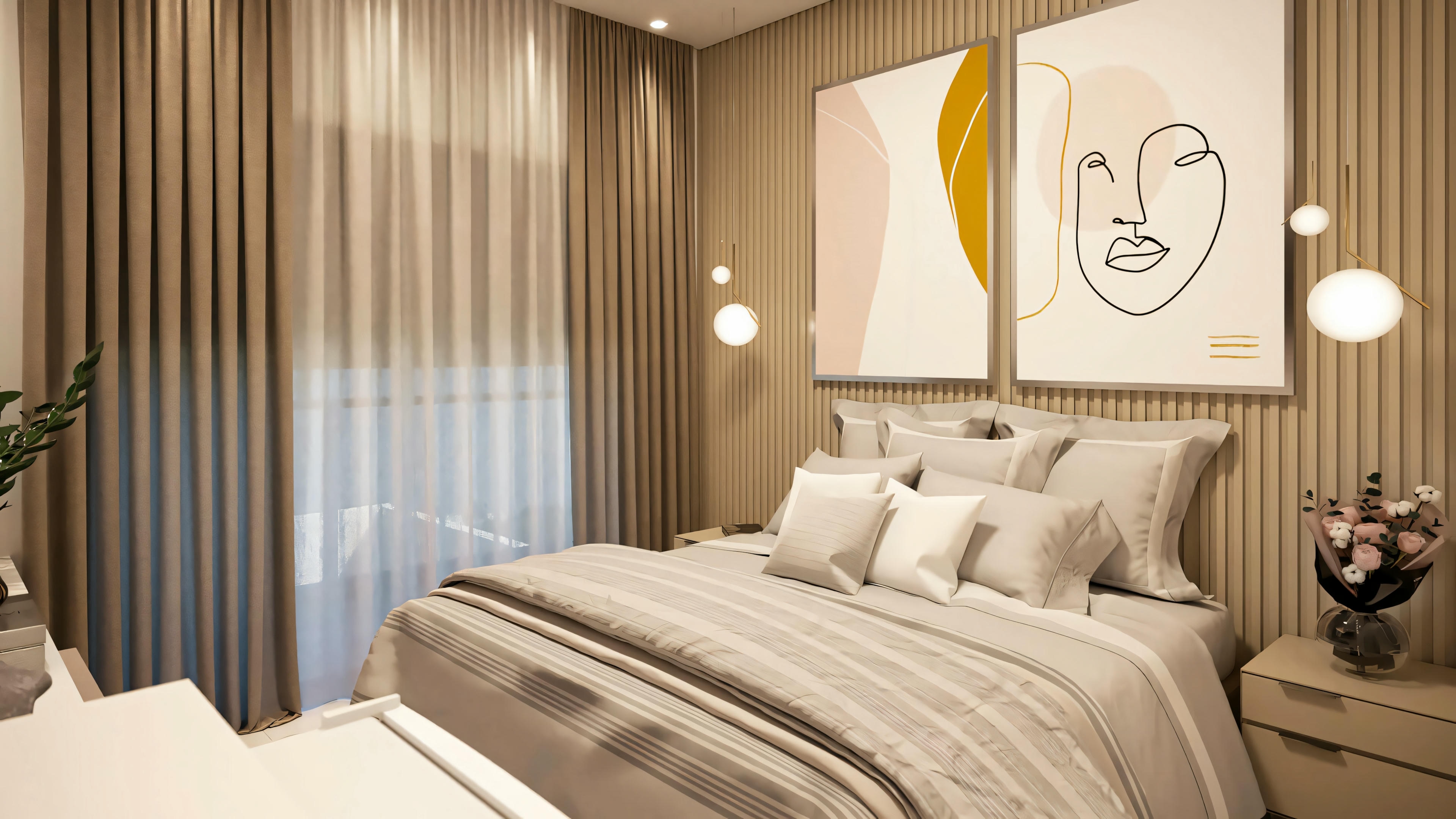 Dormitorio moderno con ropa de cama beige y blanca, pared con papel tapiz y cuadros enmarcados.