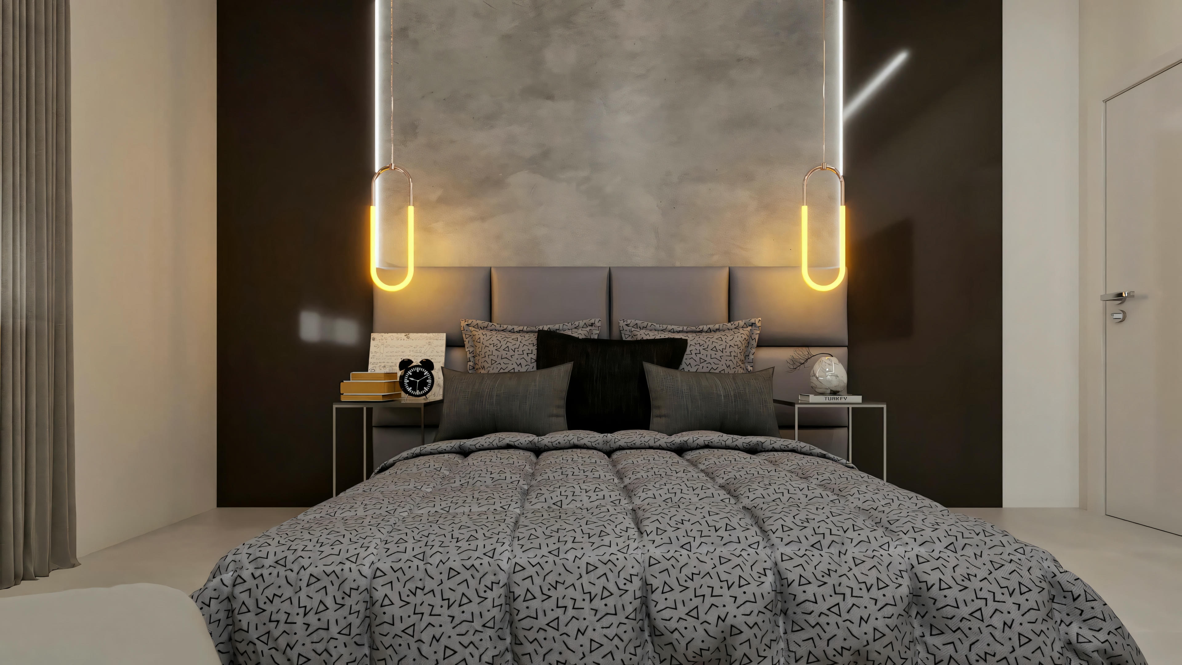 Dormitorio de suite con diseño moderno en tonos de gris, parte del proyecto residencial Archshop con 3 dormitorios (suites). Detalle de la cabecera tapizada, iluminación moderna y panel con textura de cemento quemado. Una de las 3 suites de esta planta de casa.