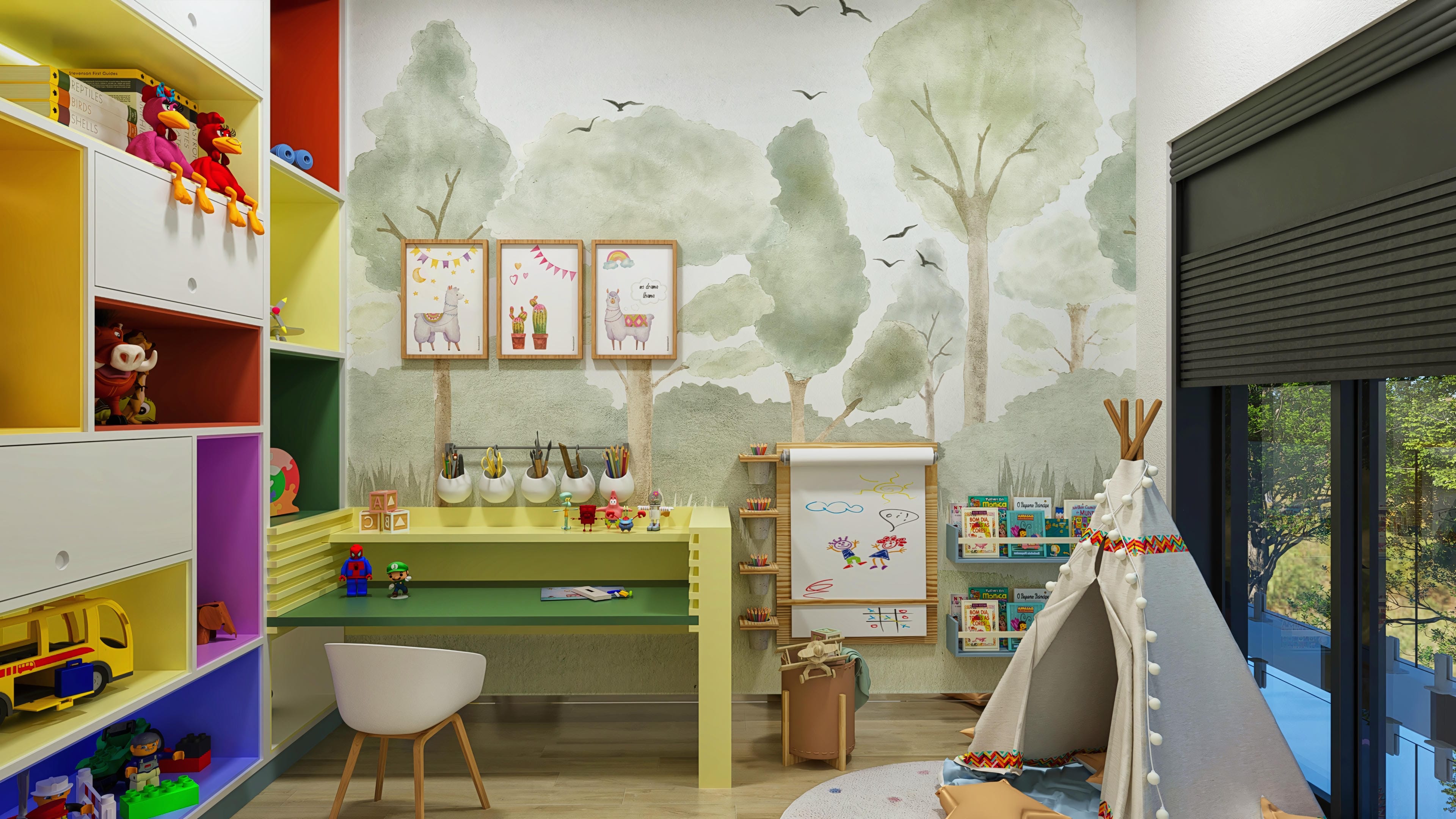 Ambiente infantil con papel pintado de bosque, estantería colorida con juguetes y libros, escritorio amarillo, tienda tipi y amplia ventana con vista a zona verde.