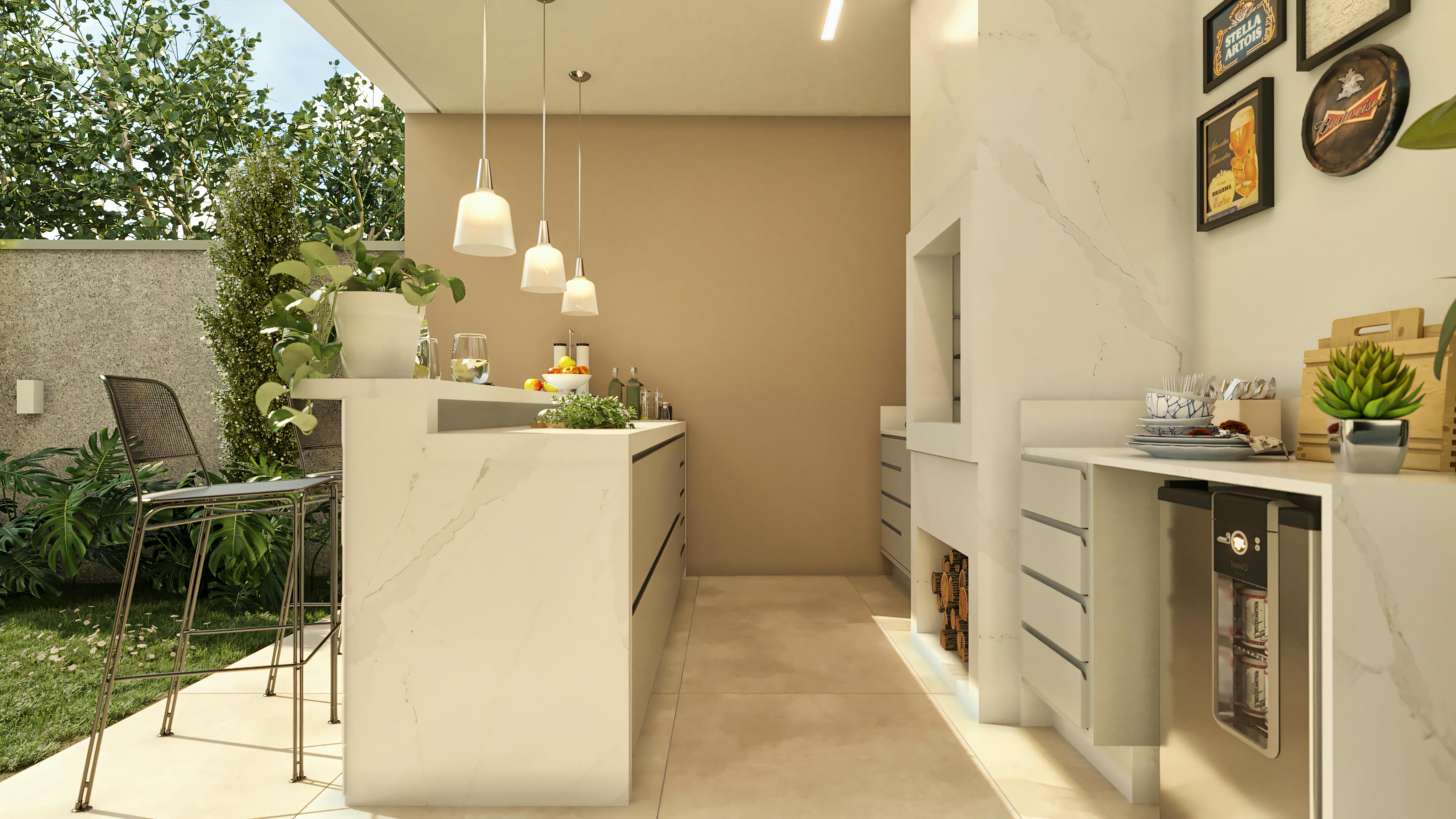 Detailed view of the planned gourmet area in a modern two-story house with a pool, with barbecue, countertops in porcelain, cabinets, brewery, and stools.