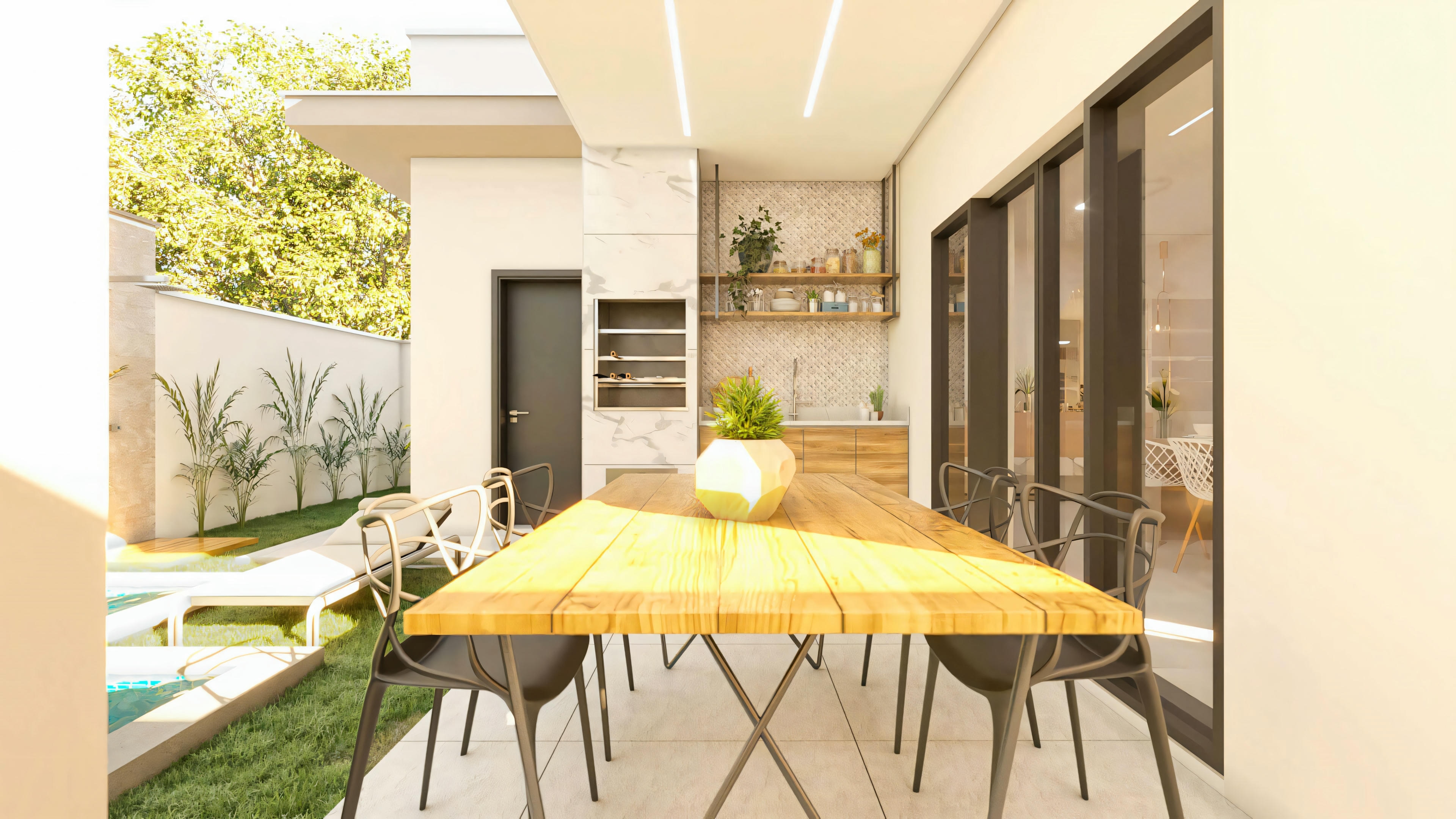 Complete leisure area of the 194.7m² two-story house (10x25 lot), with a covered gourmet space (barbecue, countertop, table) and an adjacent pool area with a deck, sun loungers, and landscaping.