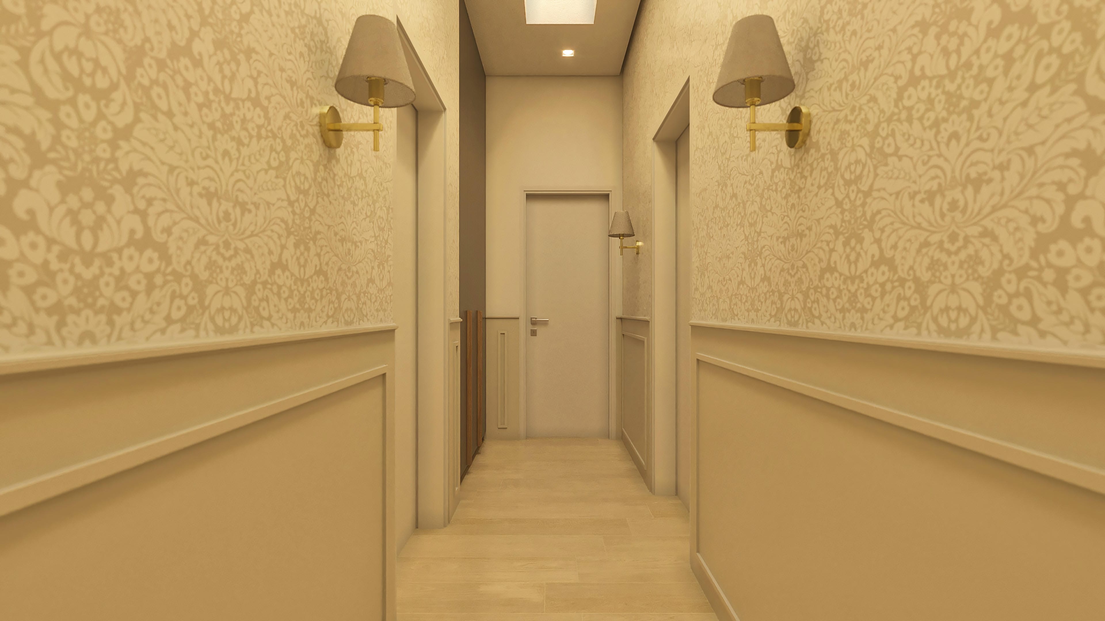Interior of a hallway with walls covered in beige floral wallpaper and classic baseboard. Lighting with gold sconces and ceiling with recessed spotlights.