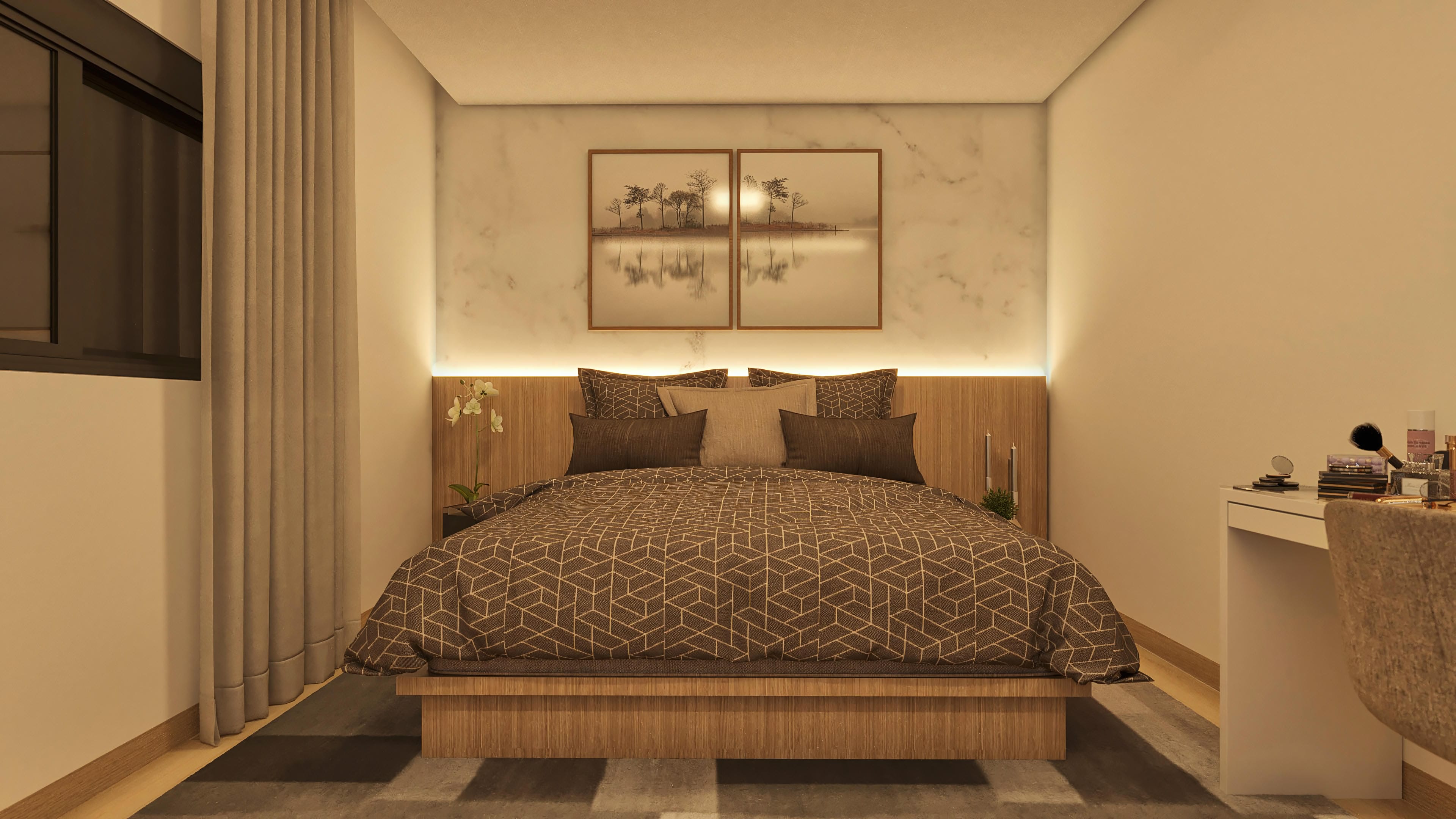 Interior de suíte master com cama de casal king-size, cabeceira de madeira, iluminação indireta, decoração minimalista com quadros e revestimento em mármore.