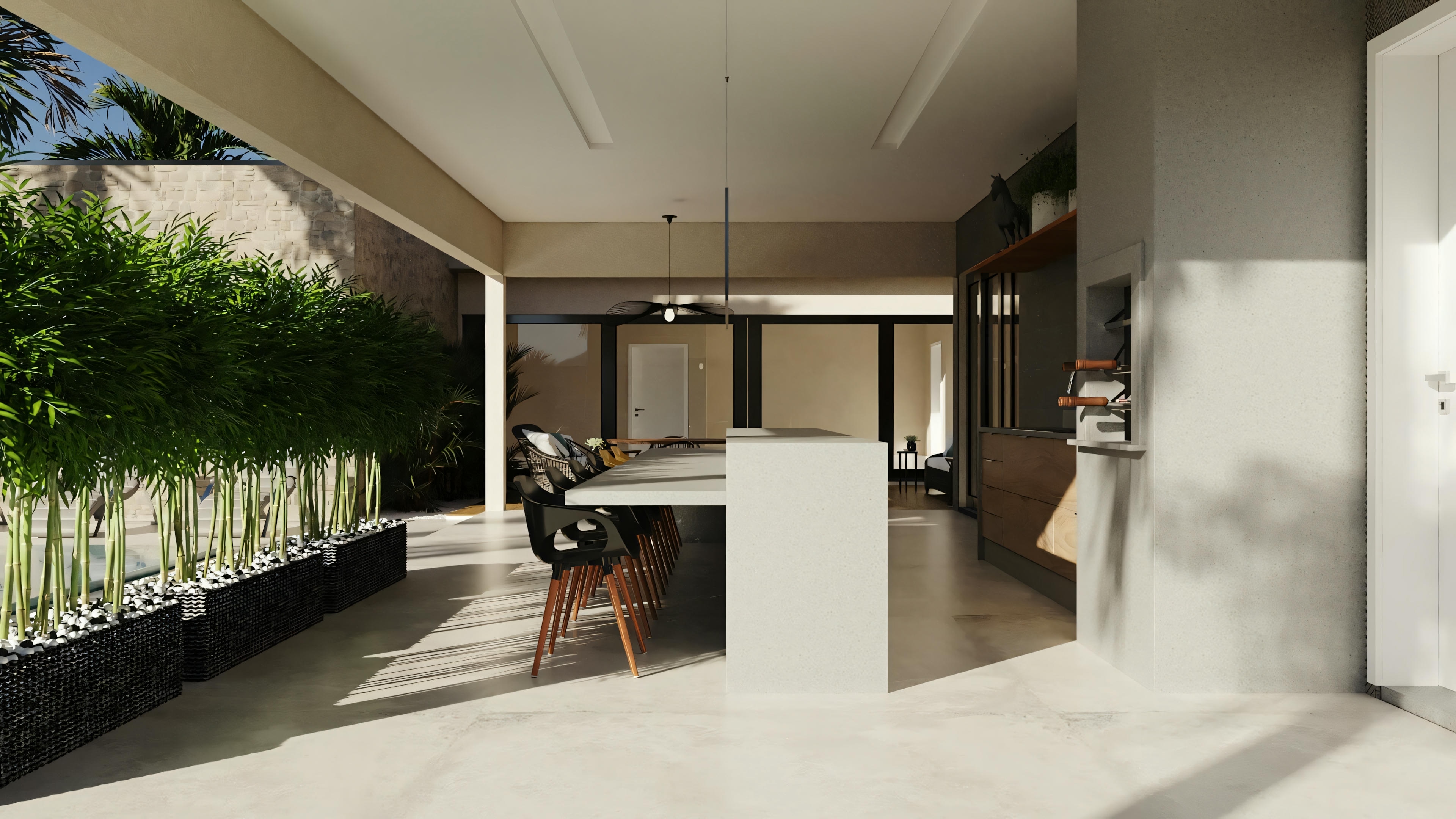 A modern kitchen with an island, stools, and large windows allowing plenty of natural light.