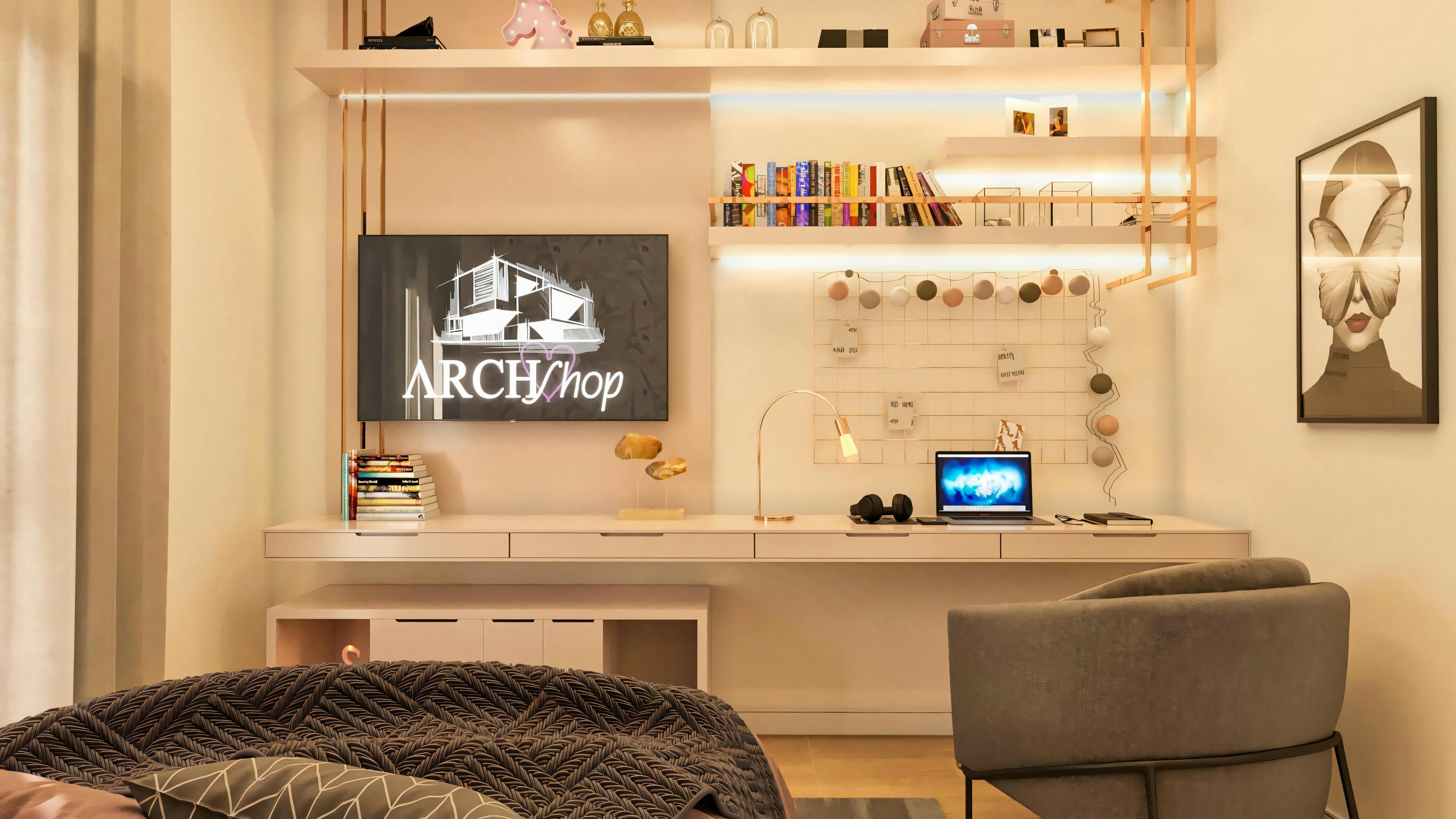Home office or study space integrated into a luxury house suite, with a large desk, shelves, and built-in TV and chair.