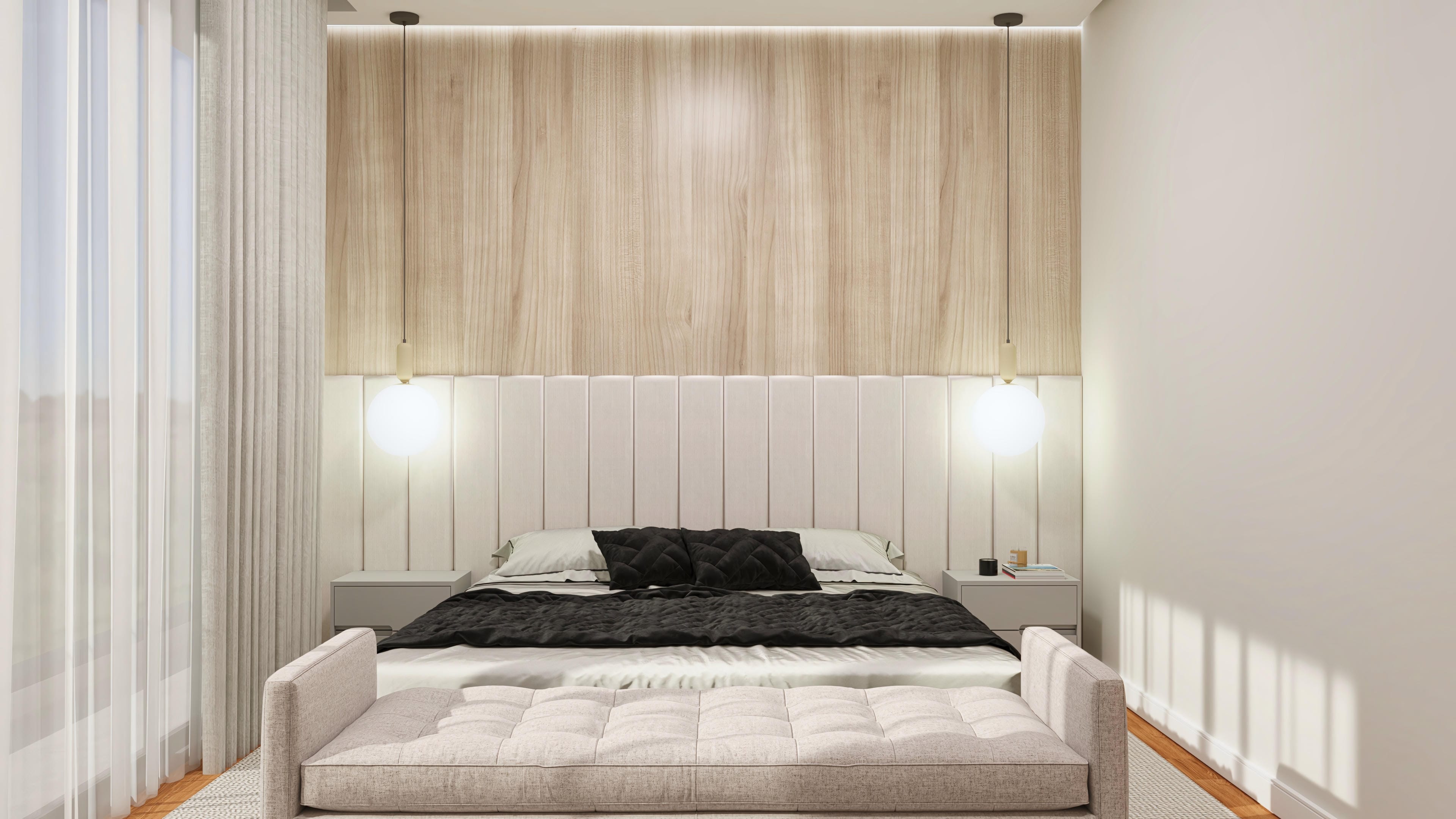 Double bedroom with king-size bed, upholstered headboard in vertical panels, LED lighting, and wood cladding.