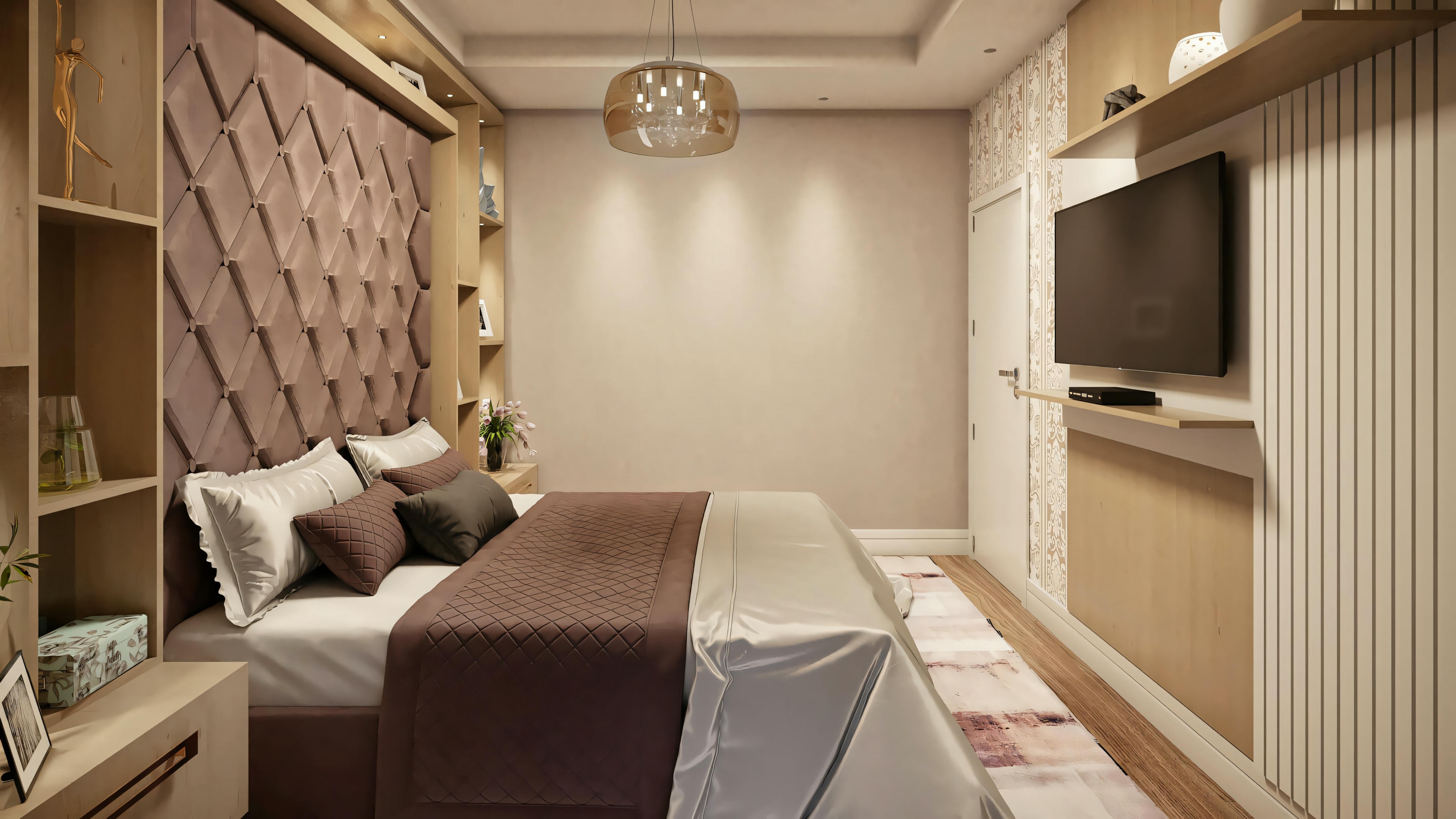 A modern bedroom com an upholstered headboard, nightstands, e a television mounted on the wall.