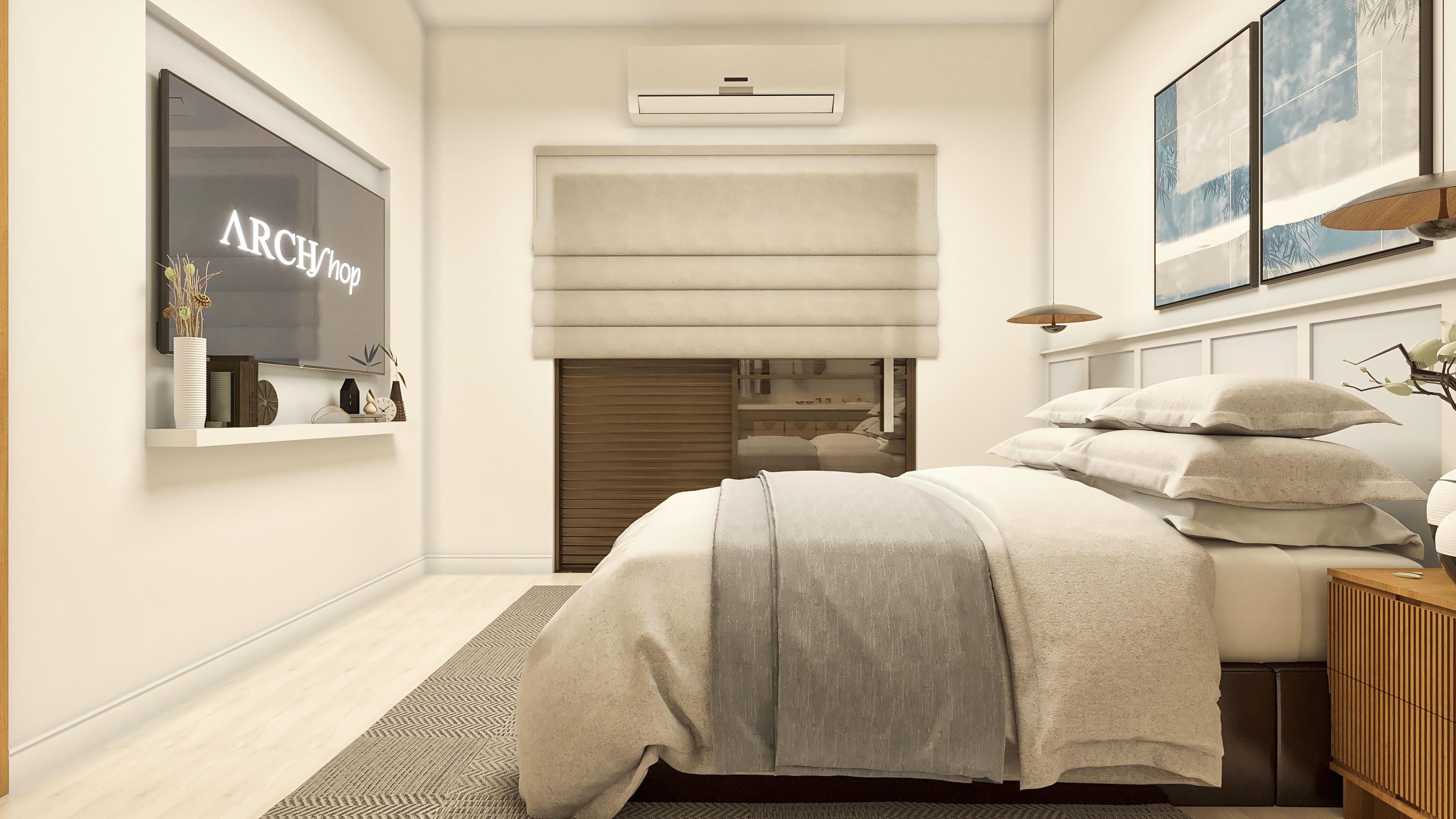 Interior of a bedroom with a double bed, upholstered headboard on a white panel, air conditioning, window with blinds, and built-in flat-screen TV.