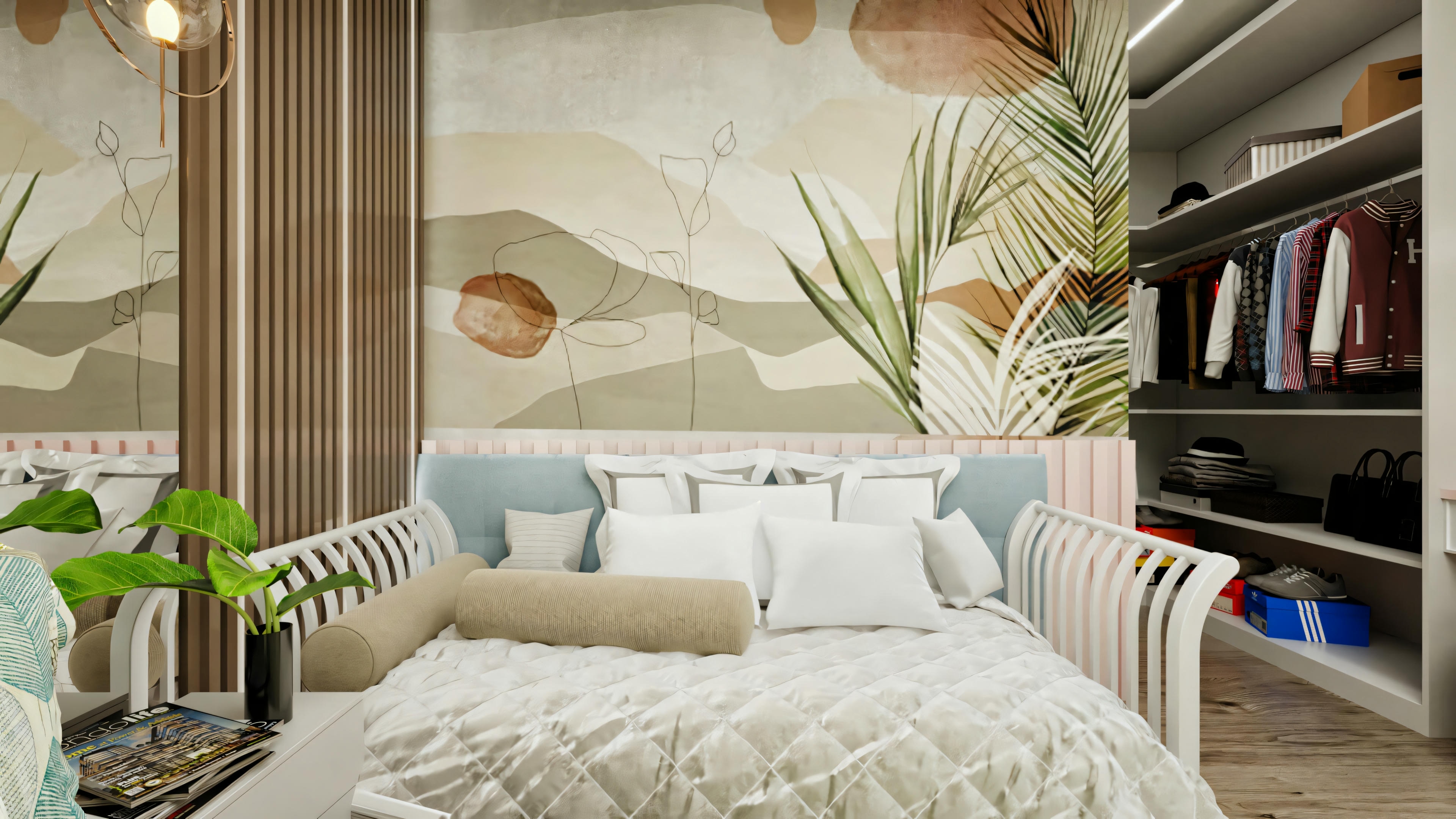 Detail of the children's suite bedroom in a modern 4-suite ground floor house, focusing on the auxiliary bed or crib, artistic wallpaper, and part of the open wardrobe.