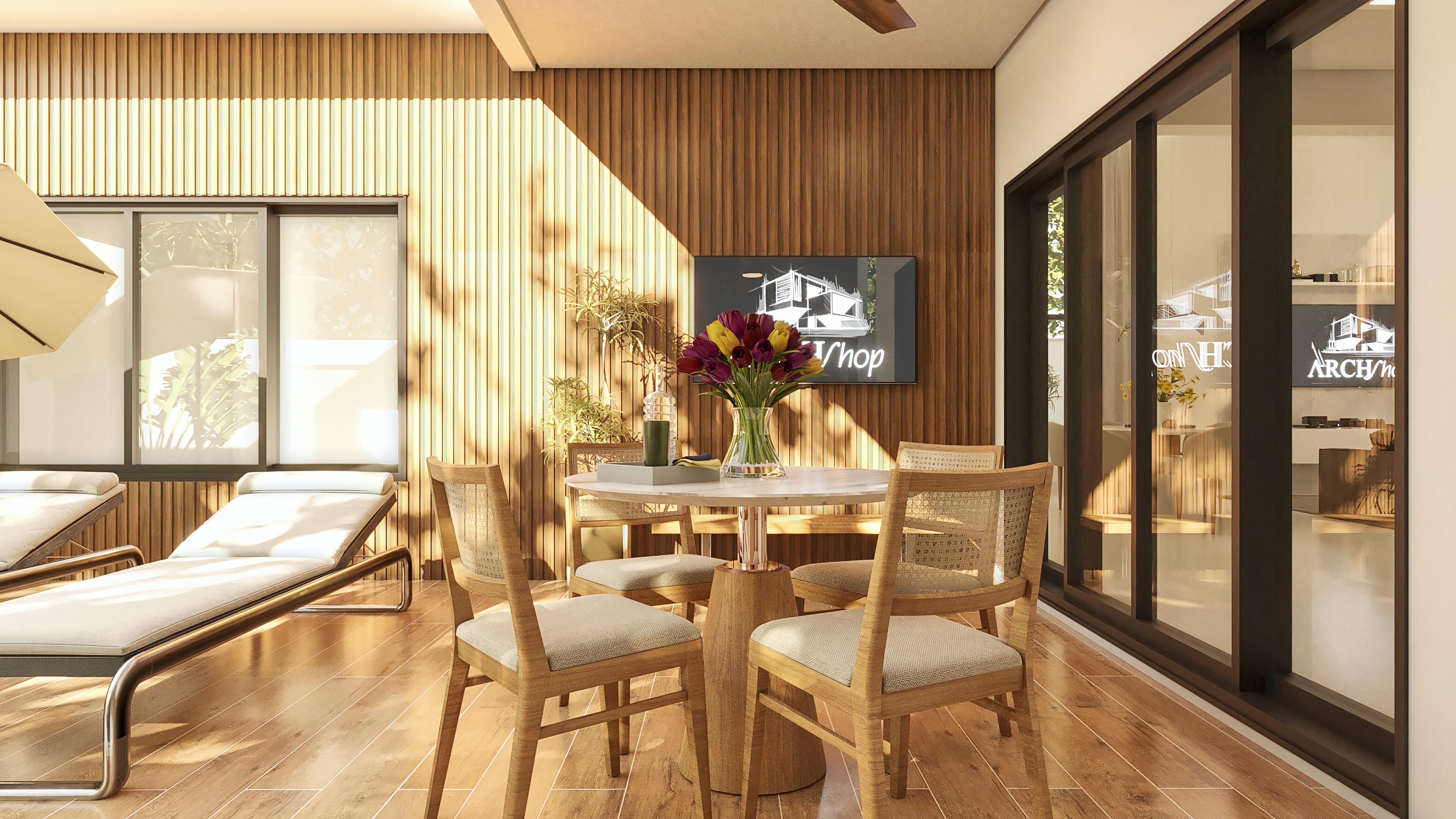 Gourmet area with a round table, wooden and straw chairs, sun loungers, and a pool, in an environment with wood cladding.