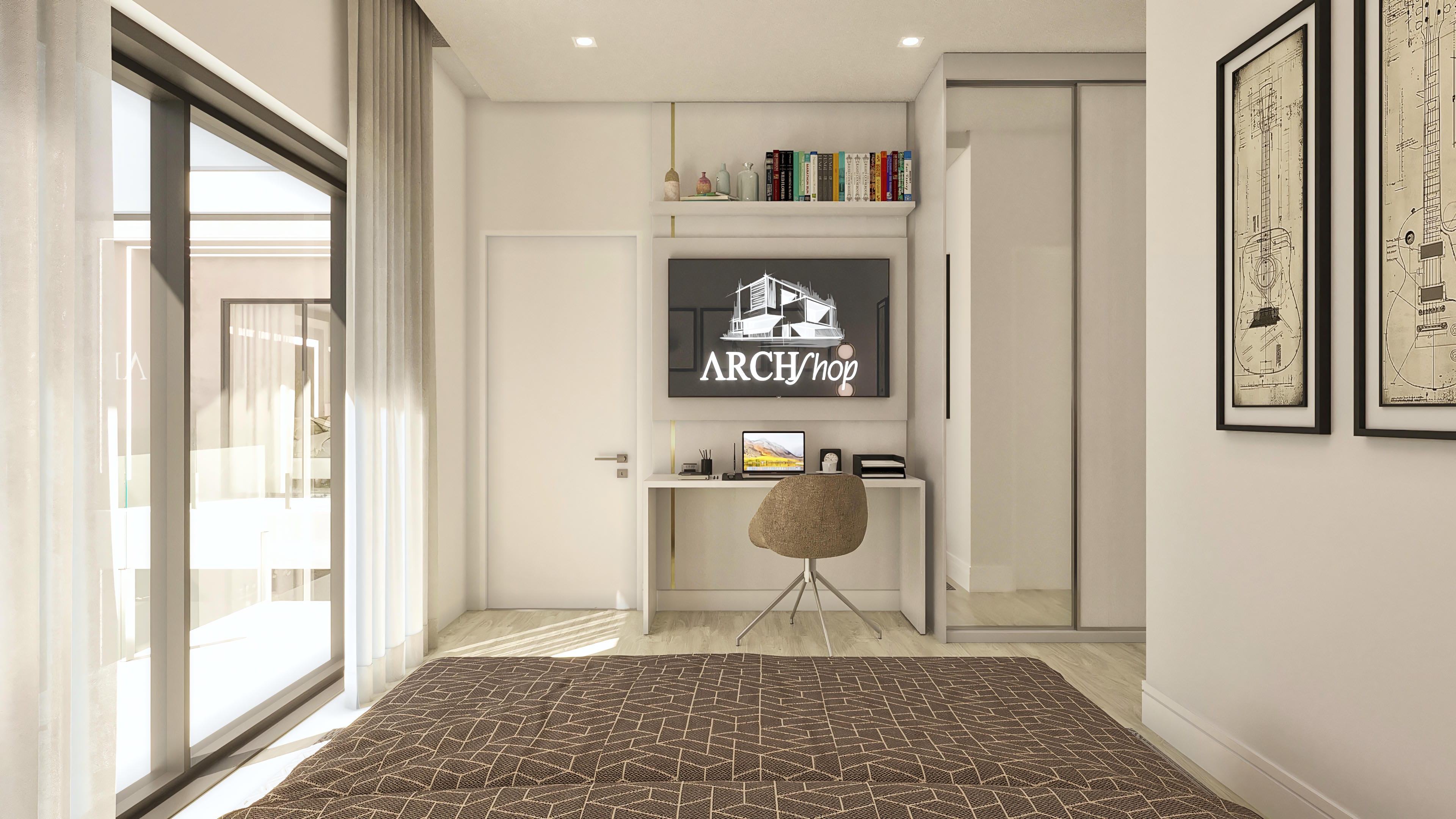 Interior of a modern office with light wood flooring, white wall, large window overlooking the outdoor area, minimalist furniture, and a geometric rug.
