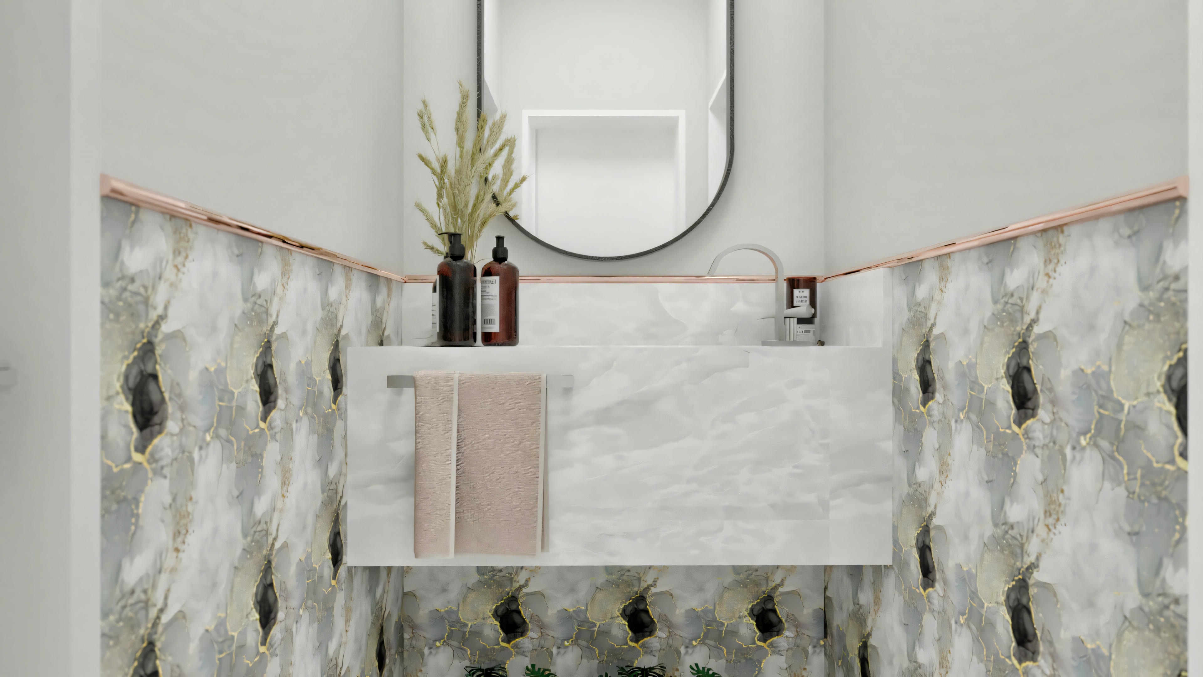 Powder room of a ready-made project with 5 suites, featuring a light stone countertop with a sculpted sink, modern faucets, vertical mirror, and textured wall covering with a metallic frieze.