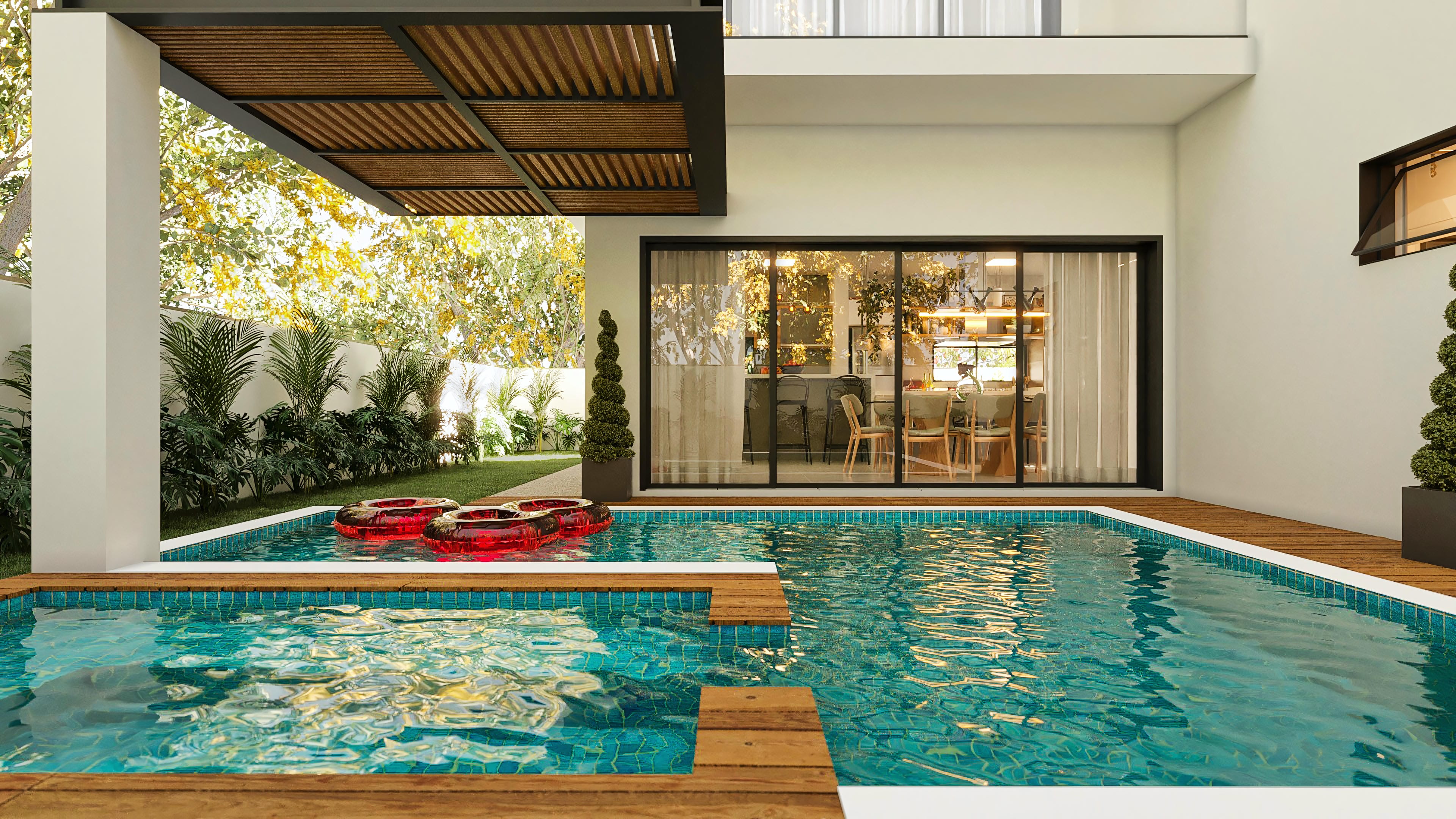 External view of a modern two-story house with pool and gourmet area. Facade with light volumes, wooden pergola and large windows.