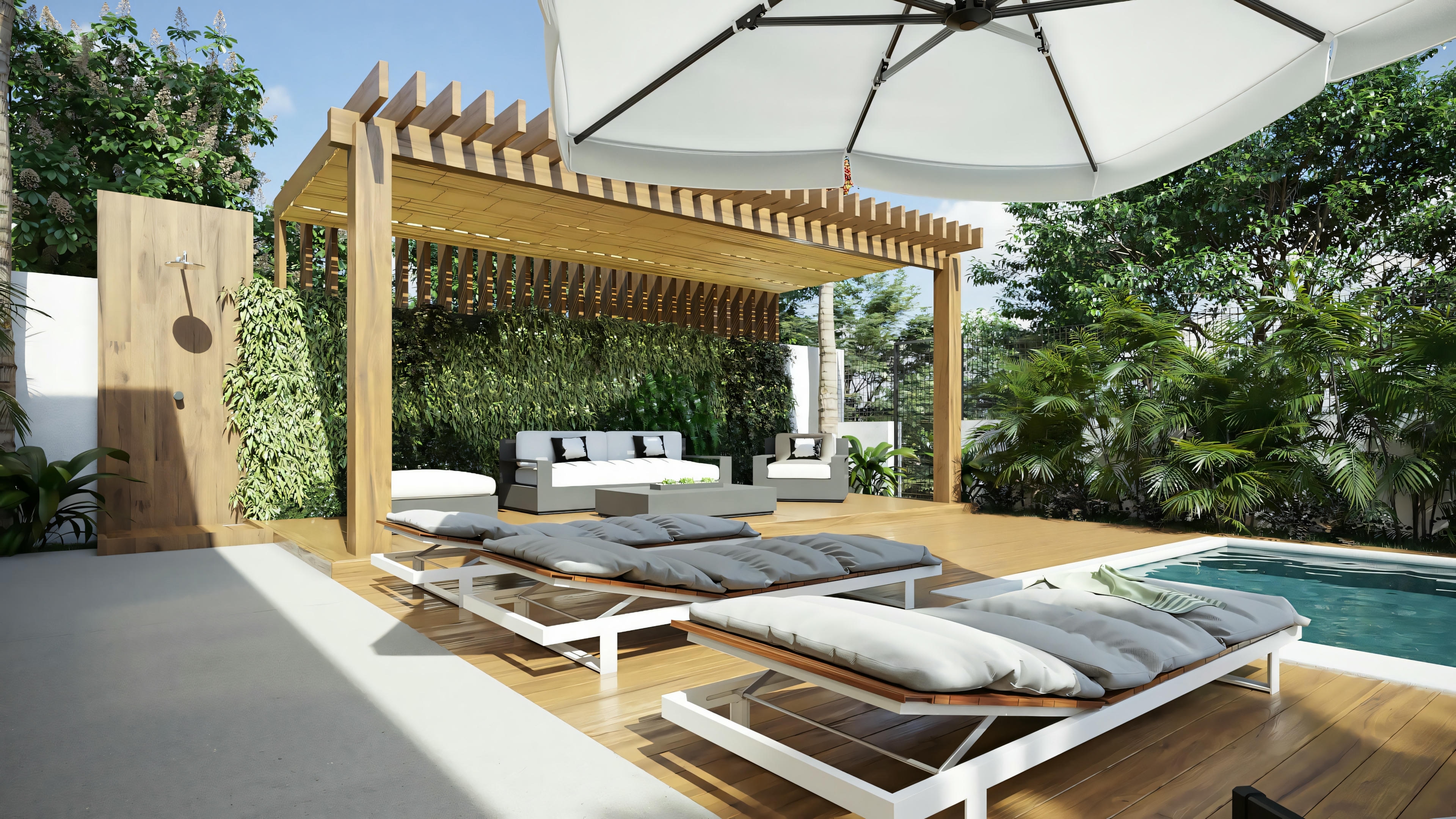 Outdoor patio area with a pergola, several lounge chairs, and a large umbrella.