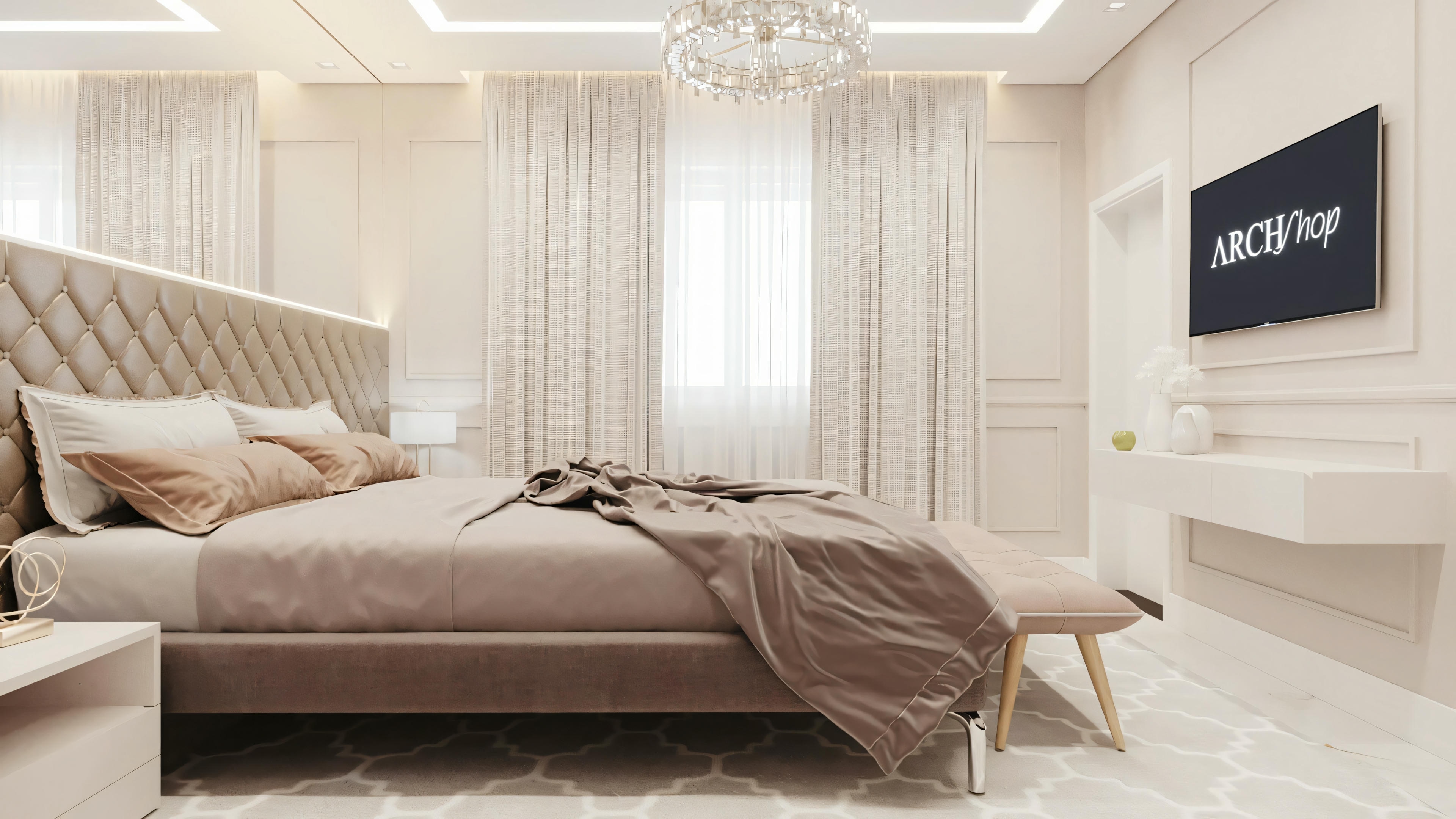 Vista panorámica de la suite principal en proyecto de casa de lujo, con cama de matrimonio, boiserie, lámpara de araña de cristal y decoración sofisticada.