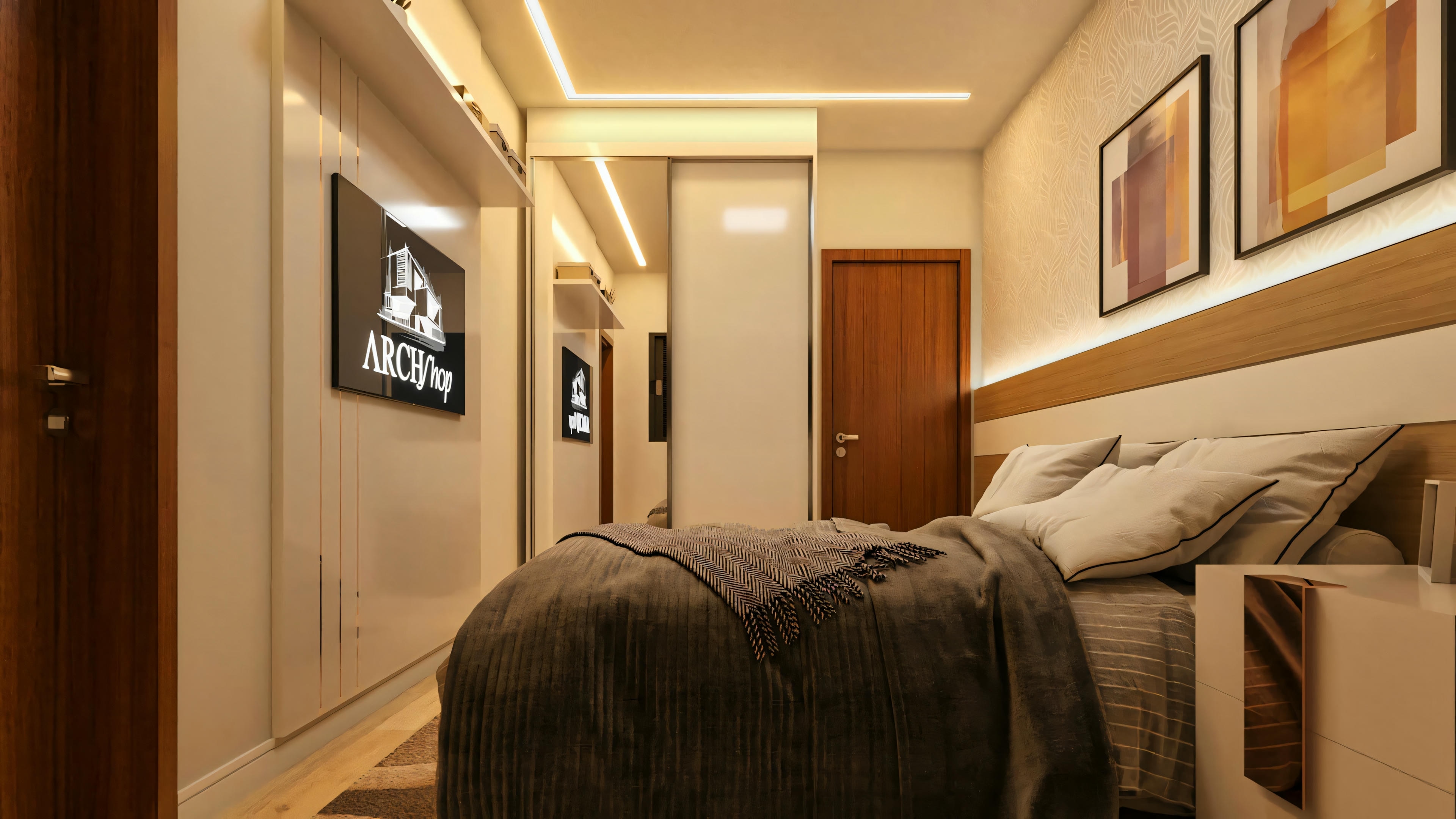 Ángulo del dormitorio suite en proyecto de casa moderna, mostrando armario planeado con puertas corredizas, panel con TV empotrada, cama con cabecera (parcialmente visible), puerta de madera y proyecto de iluminación con LEDs en el cielorraso. Una de las 4 suites del proyecto de casa con área gourmet y piscina.