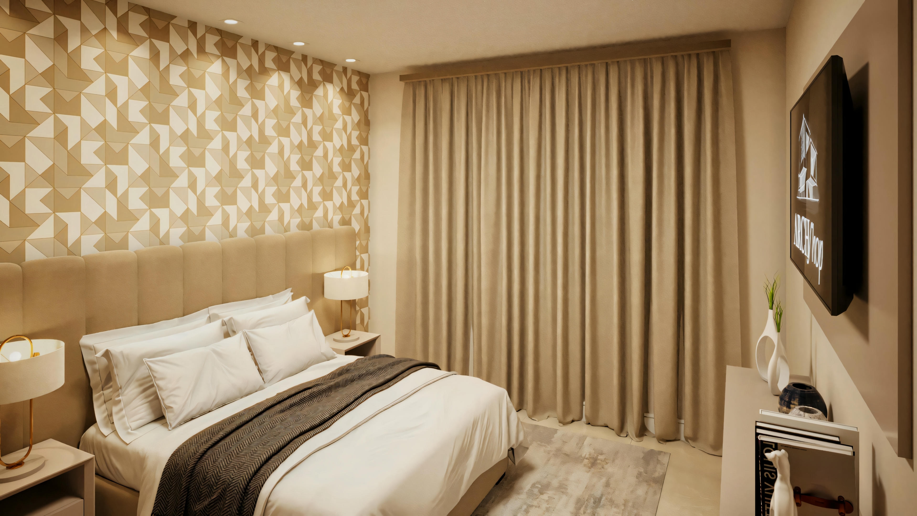Um quarto com cama centralizada, roupa de cama branca, mesas de cabeceira com luminárias e painéis de madeira na parede.