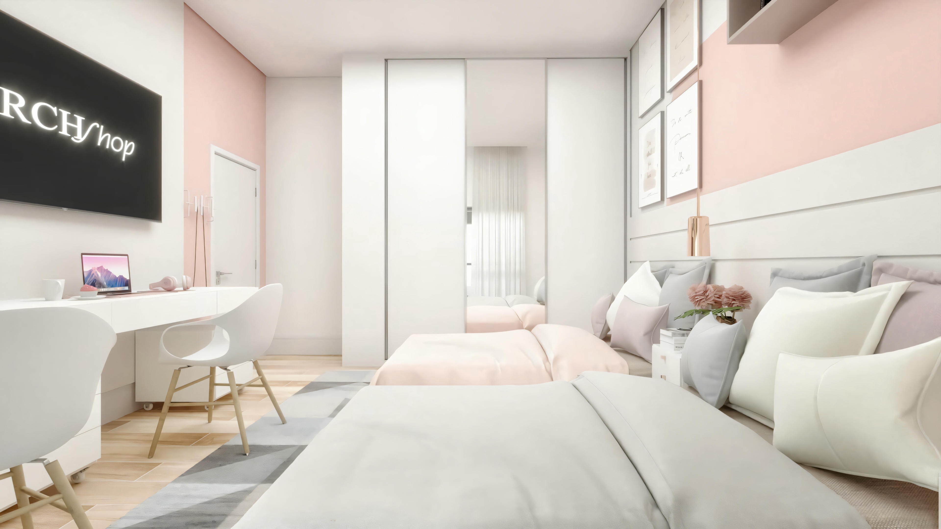 Um quarto com cama, travesseiros e mesa lateral, com paredes rosa claro e luz natural entrando pela janela.
