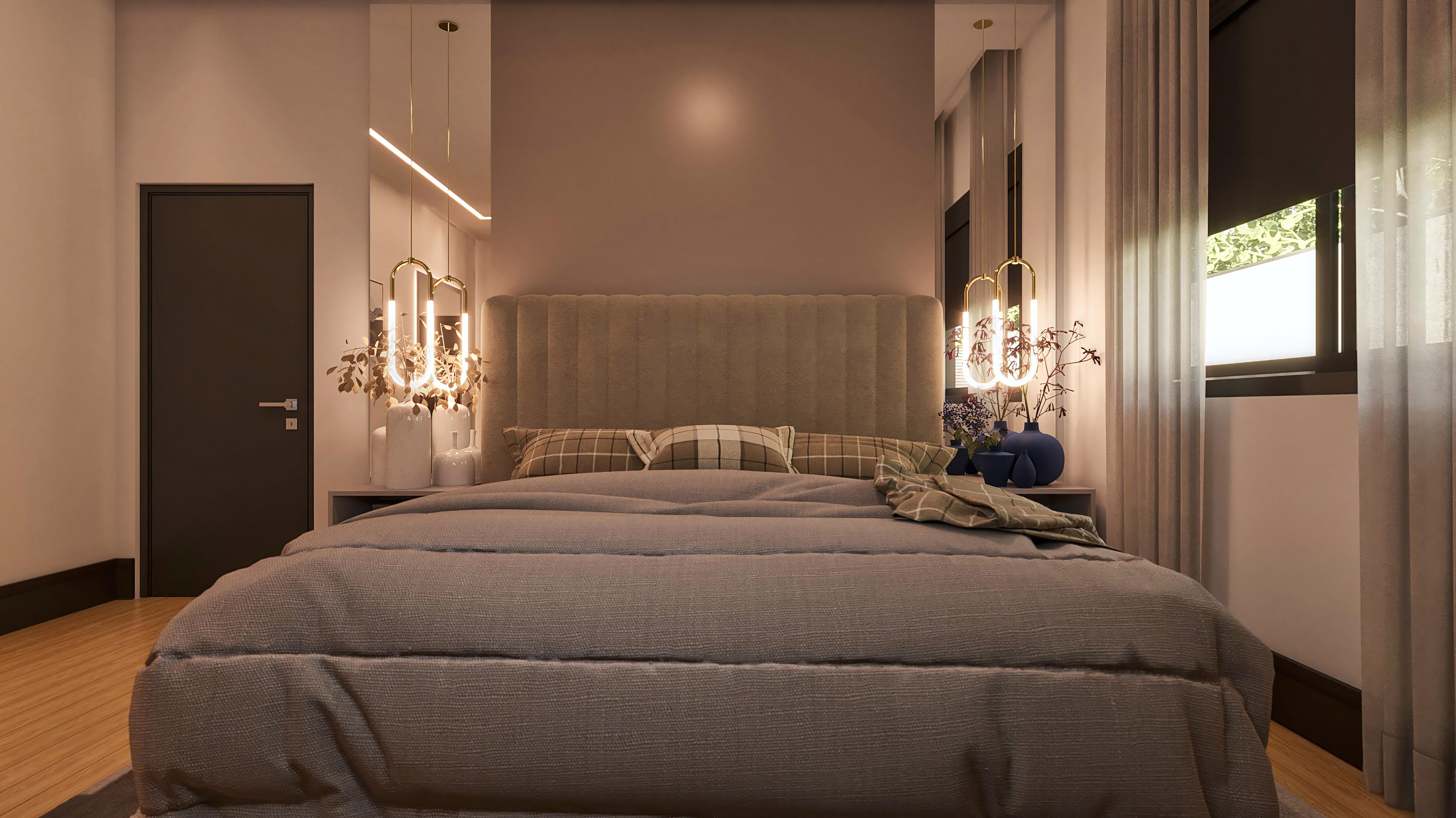 Interior de um quarto moderno e aconchegante, destacando uma cama queen-size com cabeceira estofada em tecido neutro e detalhes em marcenaria, com iluminação indireta e pendentes dourados.