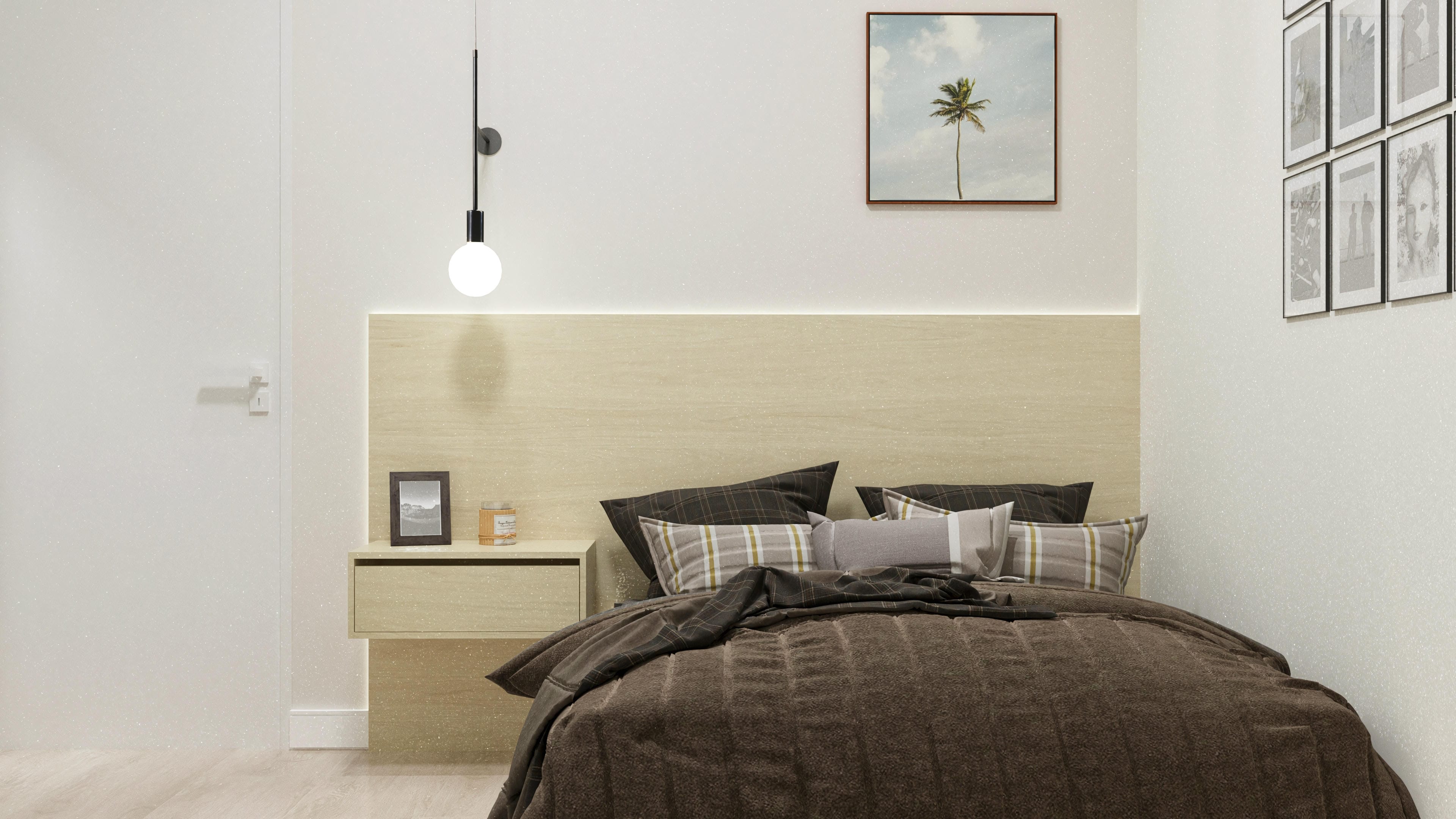 Dormitorio moderno con cama cómoda, cabecero en madera clara, iluminación empotrada y apliques, y pared texturizada con brillo sutil.