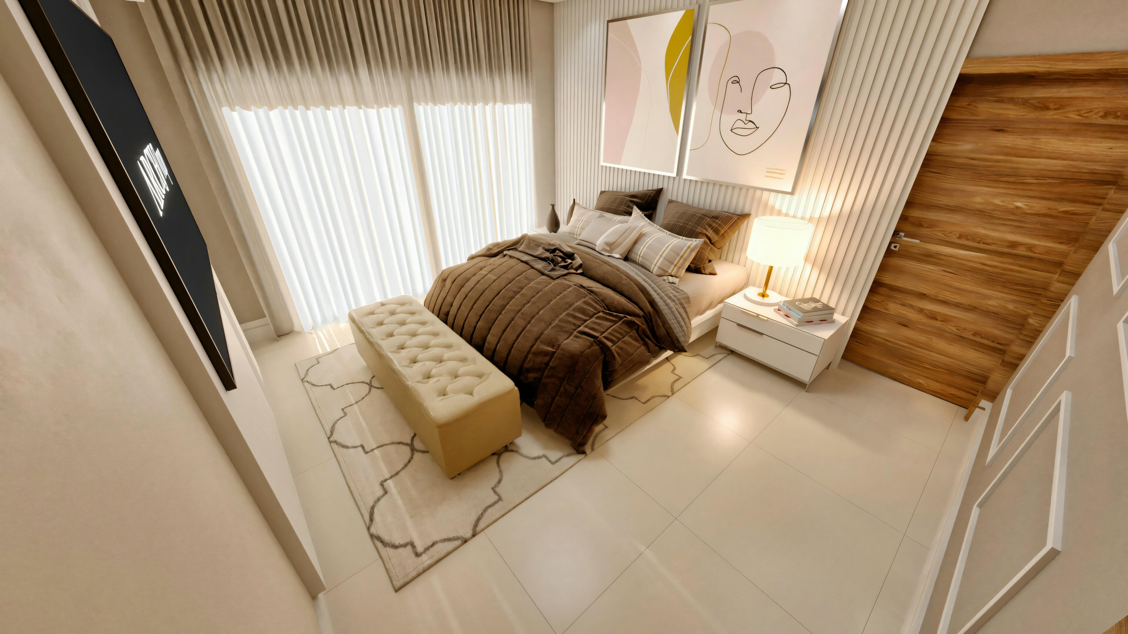 Top view of a suite bedroom decorated in a contemporary style with a slatted panel, boiserie, and modern furniture, part of a neoclassical house project.