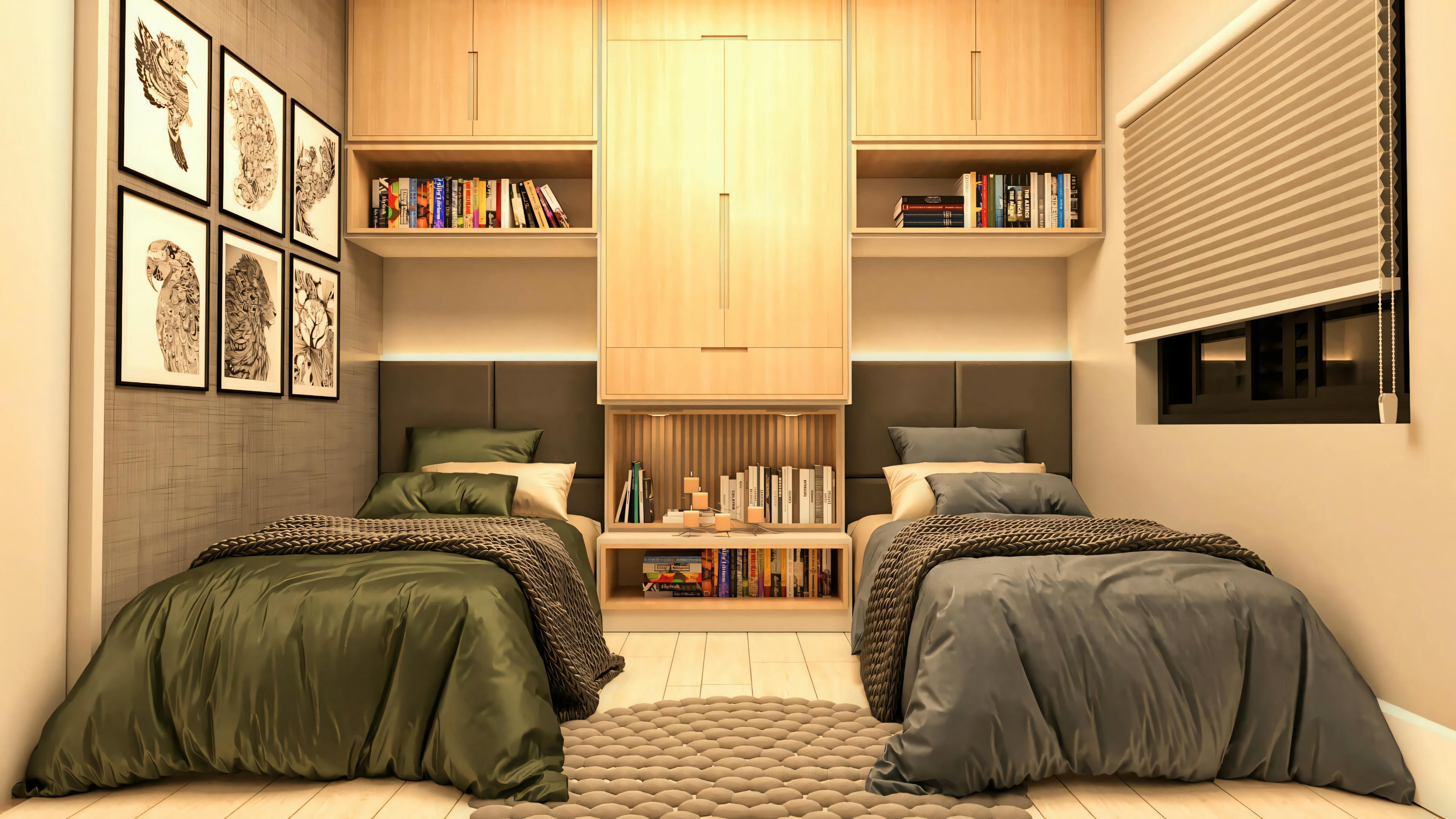 Suite bedroom configured with two single beds, part of a bungalow house project with 3 suites. Planned cabinets, shelves, and niches in light wood optimize the space.