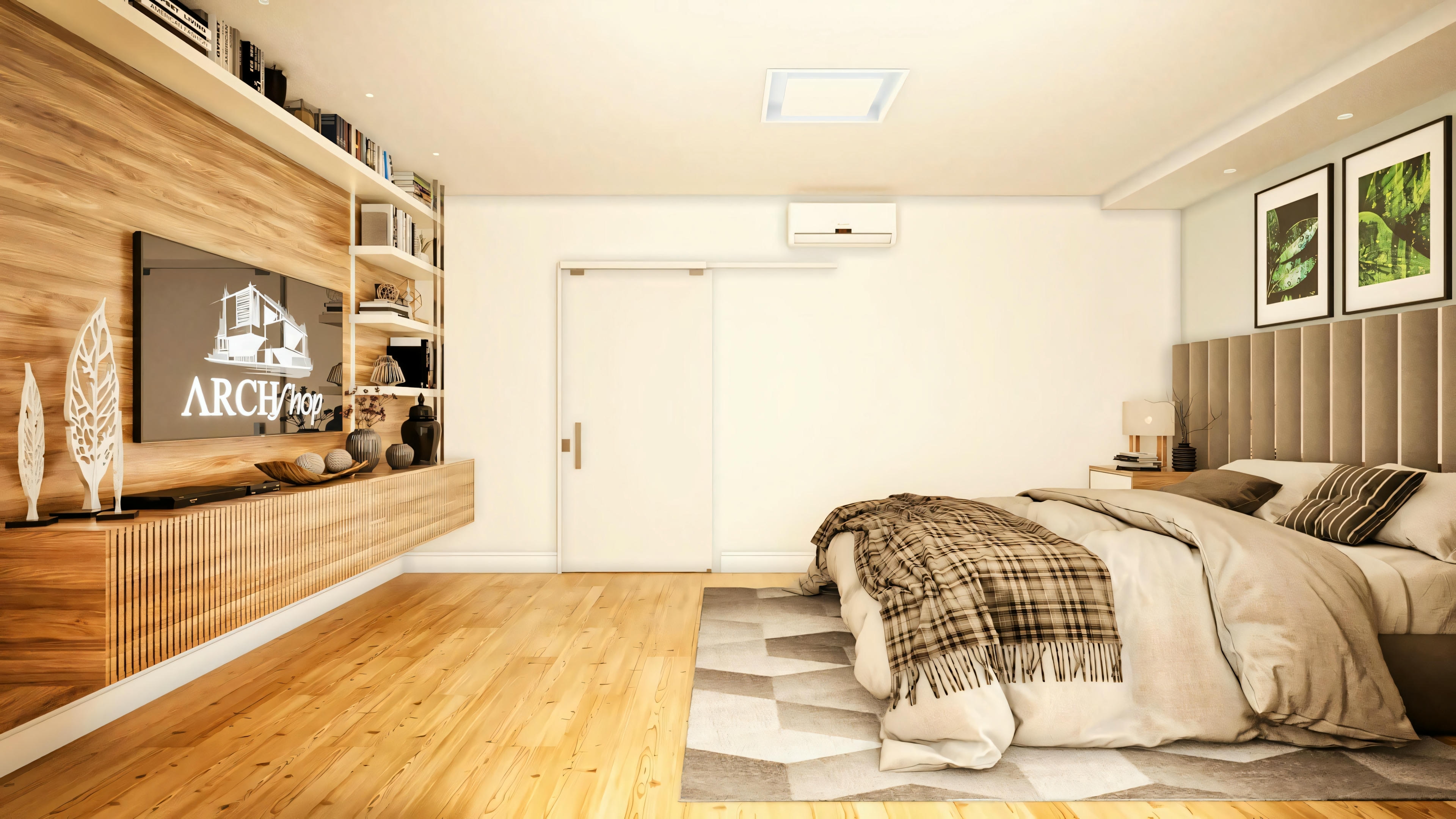 Tercera suite del proyecto arquitectónico de la casa de dos pisos de 330m², mostrando panel de TV en madera que ocupa toda la pared, con mueble bajo listonado suspendido y repisas para libros y decoración. Cama con cabecera tapizada acanalada, puerta blanca y aire acondicionado visibles.