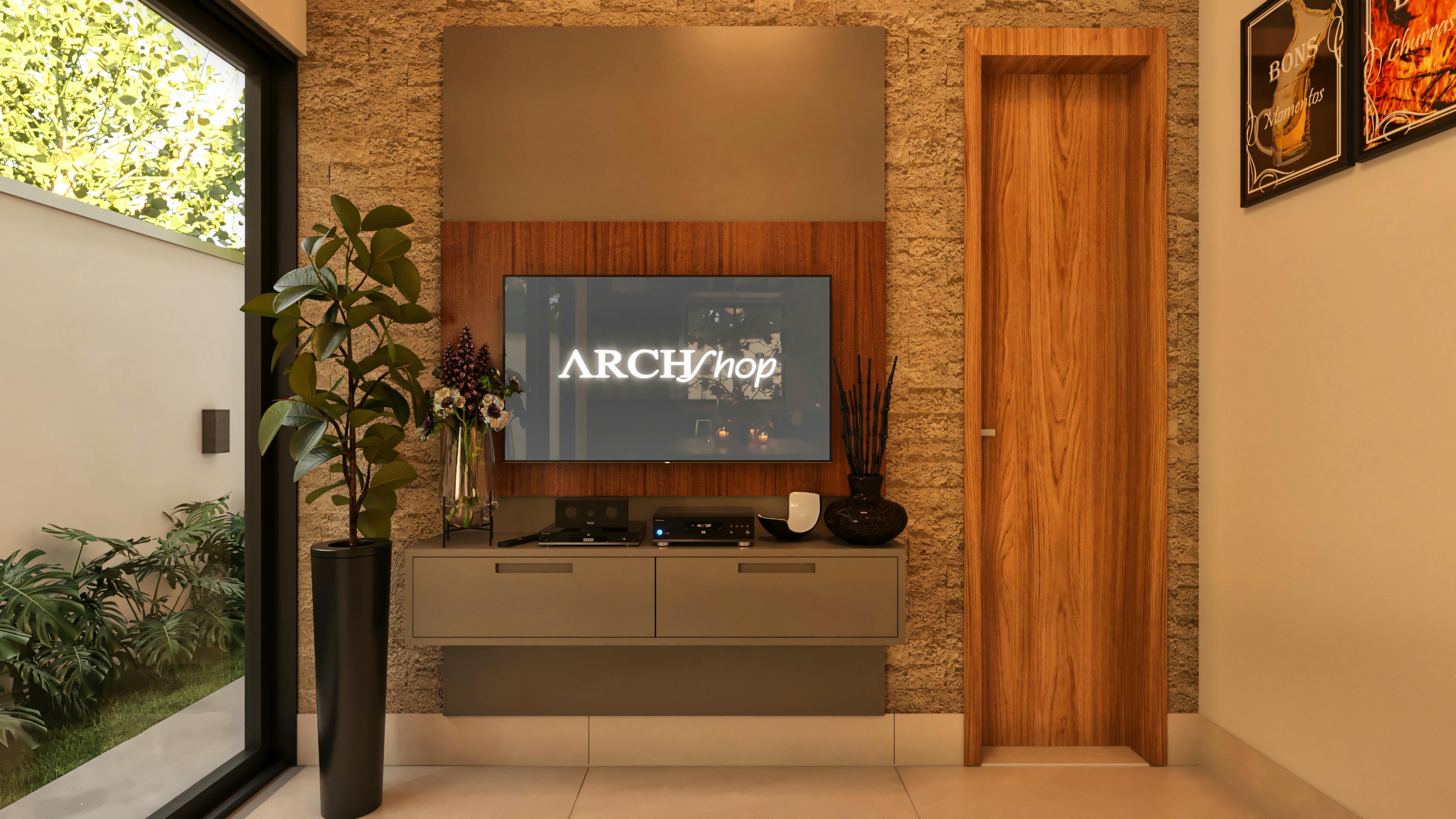 TV panel in a lounge integrated with the gourmet area of a modern 3-bedroom house. The panel features textured and wooden cladding, with a suspended rack. Wooden door to the right and access to the outdoor area to the left.