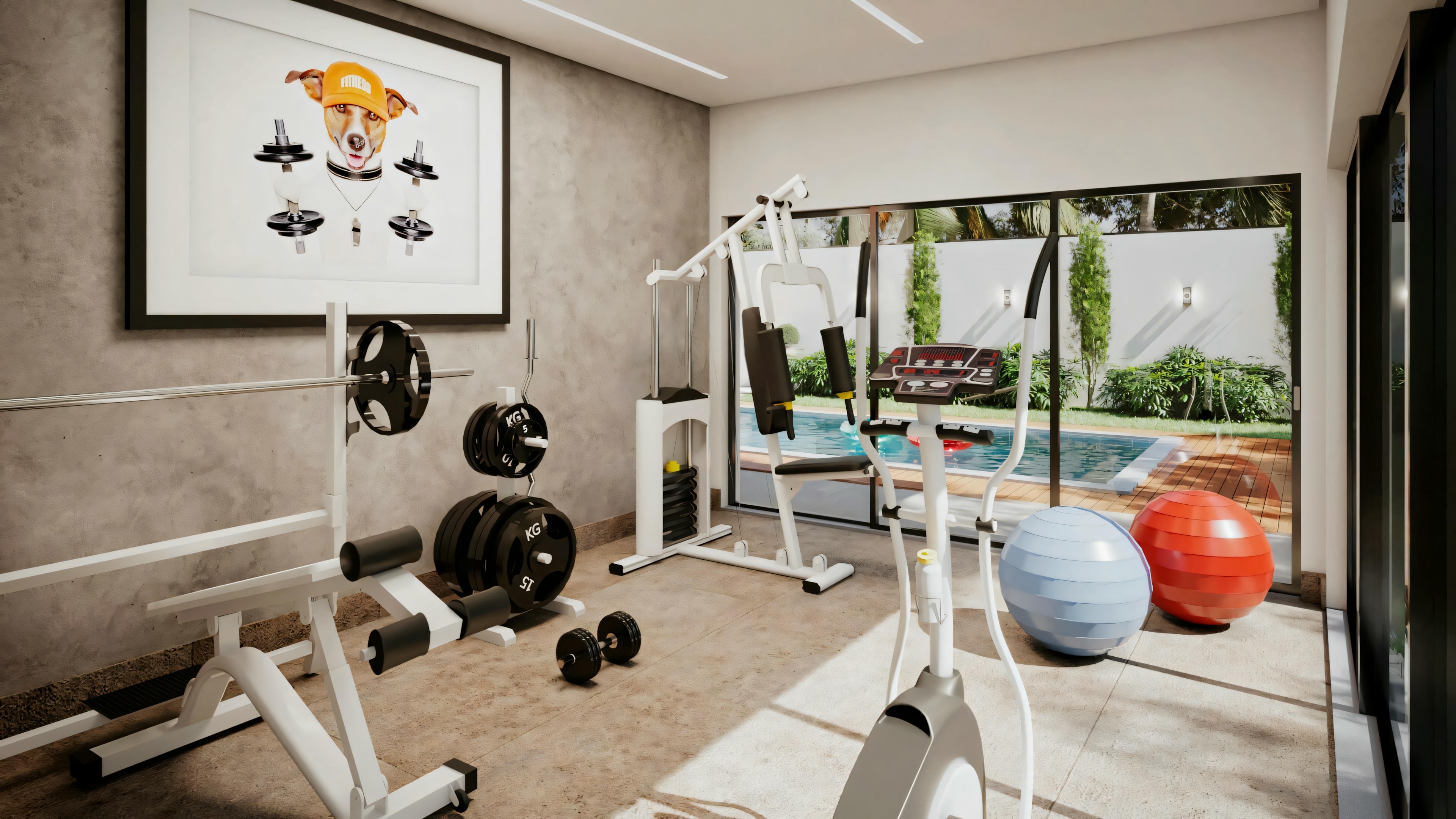 Uma academia em casa equipada com diversos equipamentos de exercício, como pesos, bola de exercício e esteira. Há uma arte na parede representando um leão abstrato.