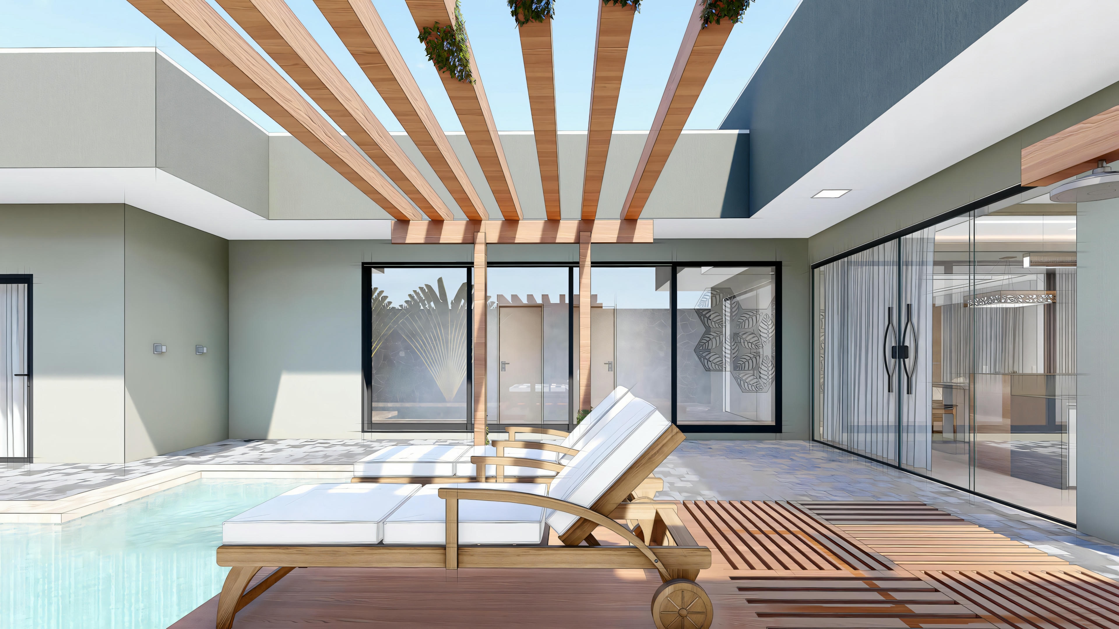 Área externa com piscina e assentos.