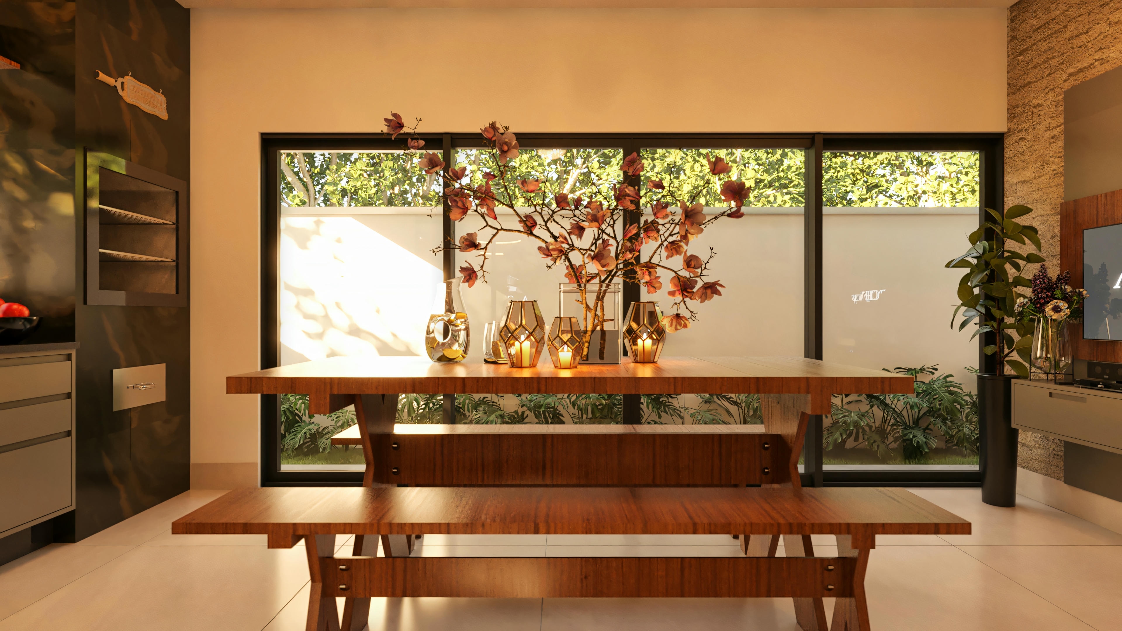 Ampla visão da área gourmet integrada em casa moderna de 3 quartos, mostrando mesa de jantar em madeira, acesso ao quintal por portas de vidro, bancada com churrasqueira à esquerda e painel de TV à direita.