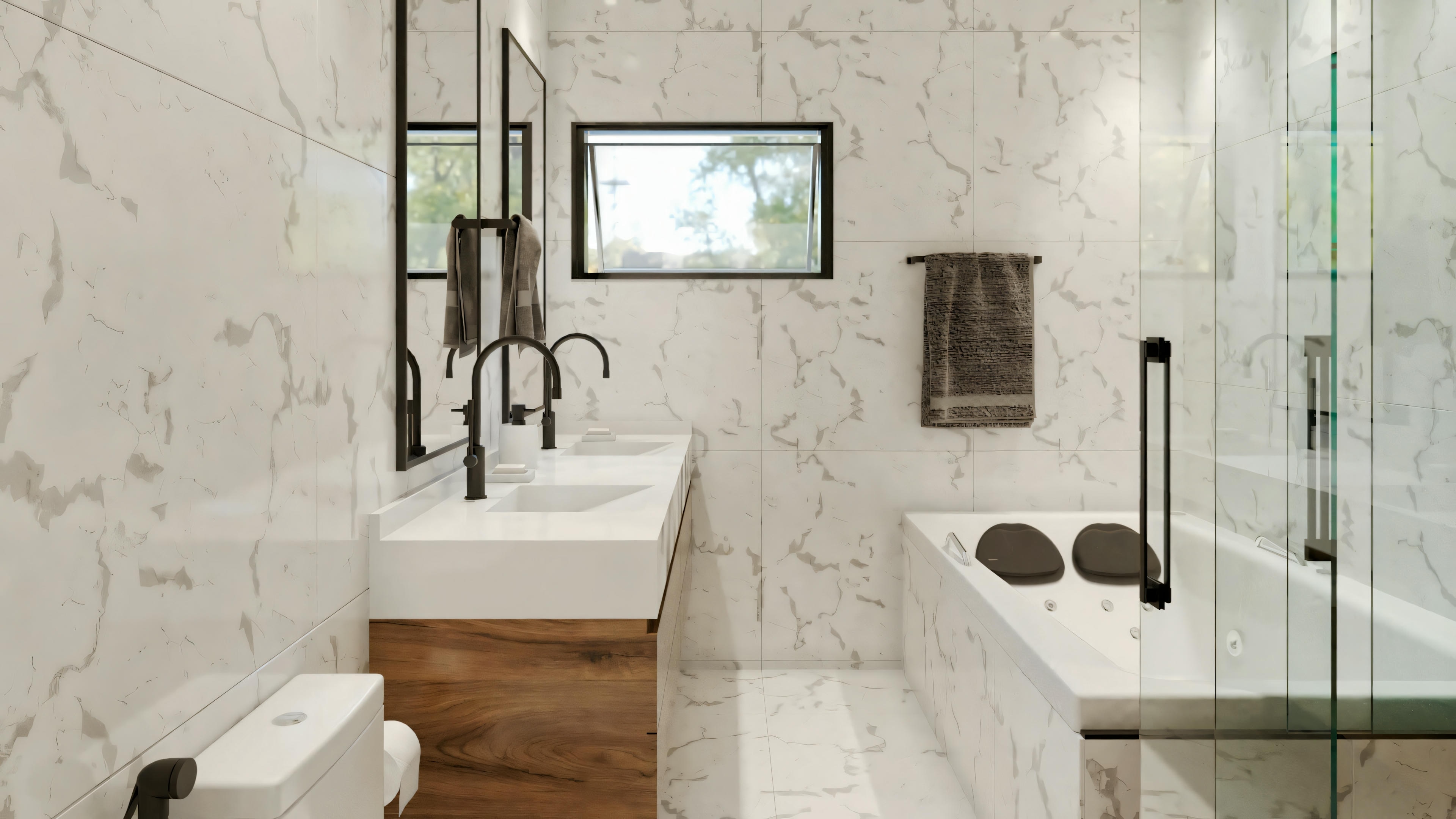 Um banheiro com banheira freestanding branca, área de chuveiro separada com painéis de vidro e papel de parede decorativo.