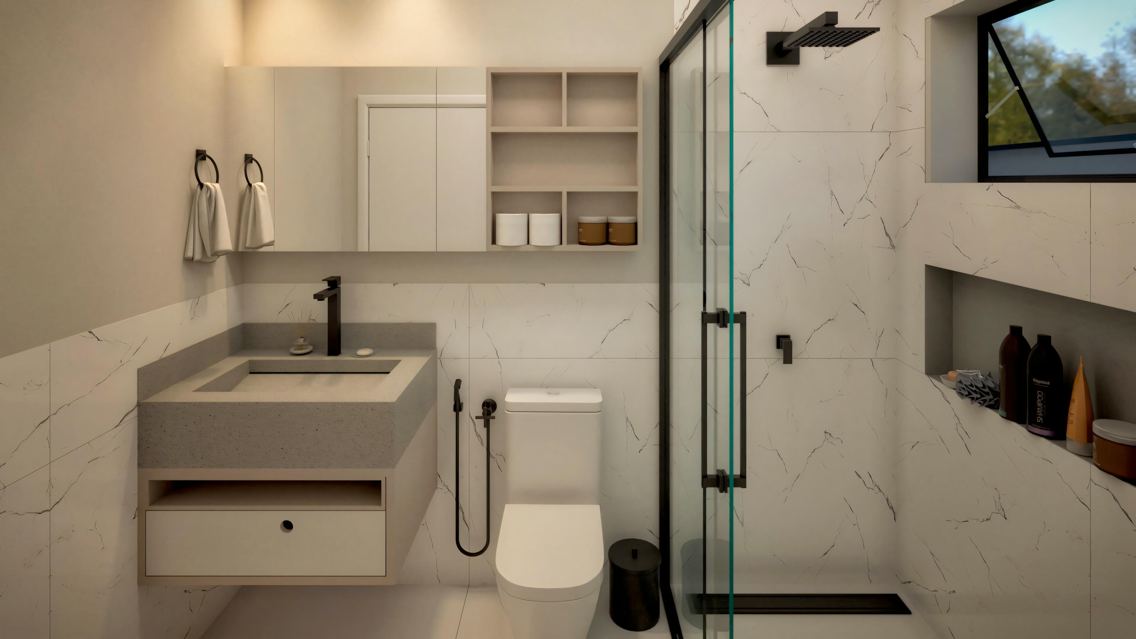 Um banheiro com chuveiro walk-in, pia e suporte para toalhas.