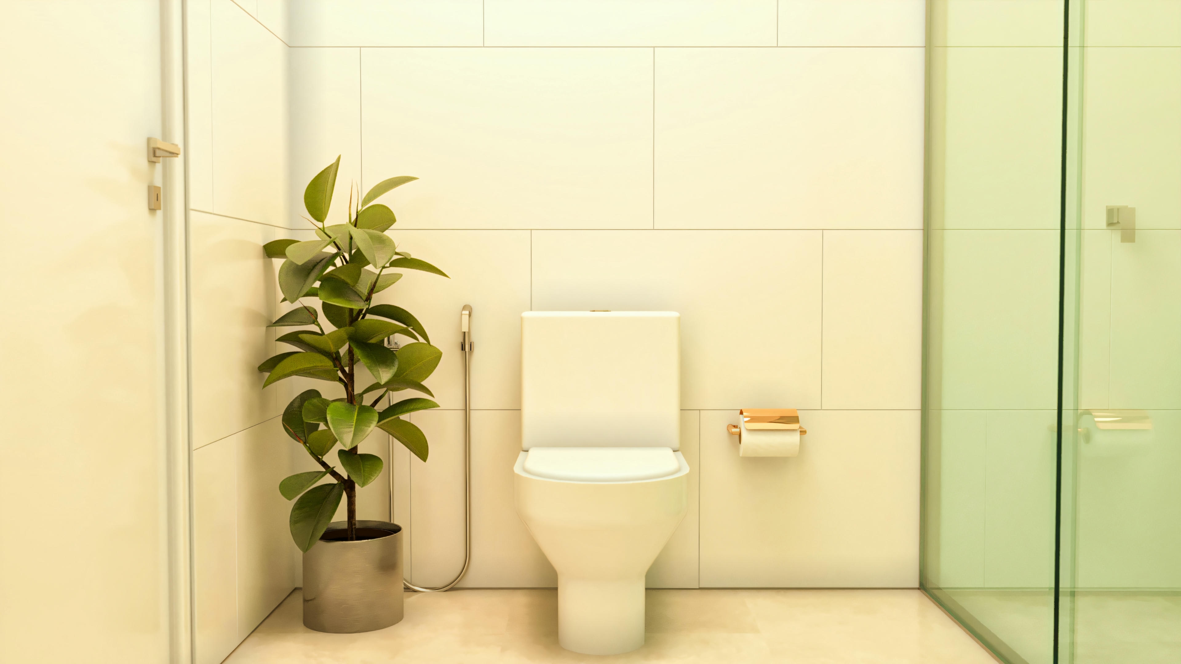 Banheiro com paredes revestidas em cerâmica branca, vaso sanitário branco, ducha higiênica, papeleira dourada e vaso de planta decorativo, em projeto de casa com 5 banheiros.