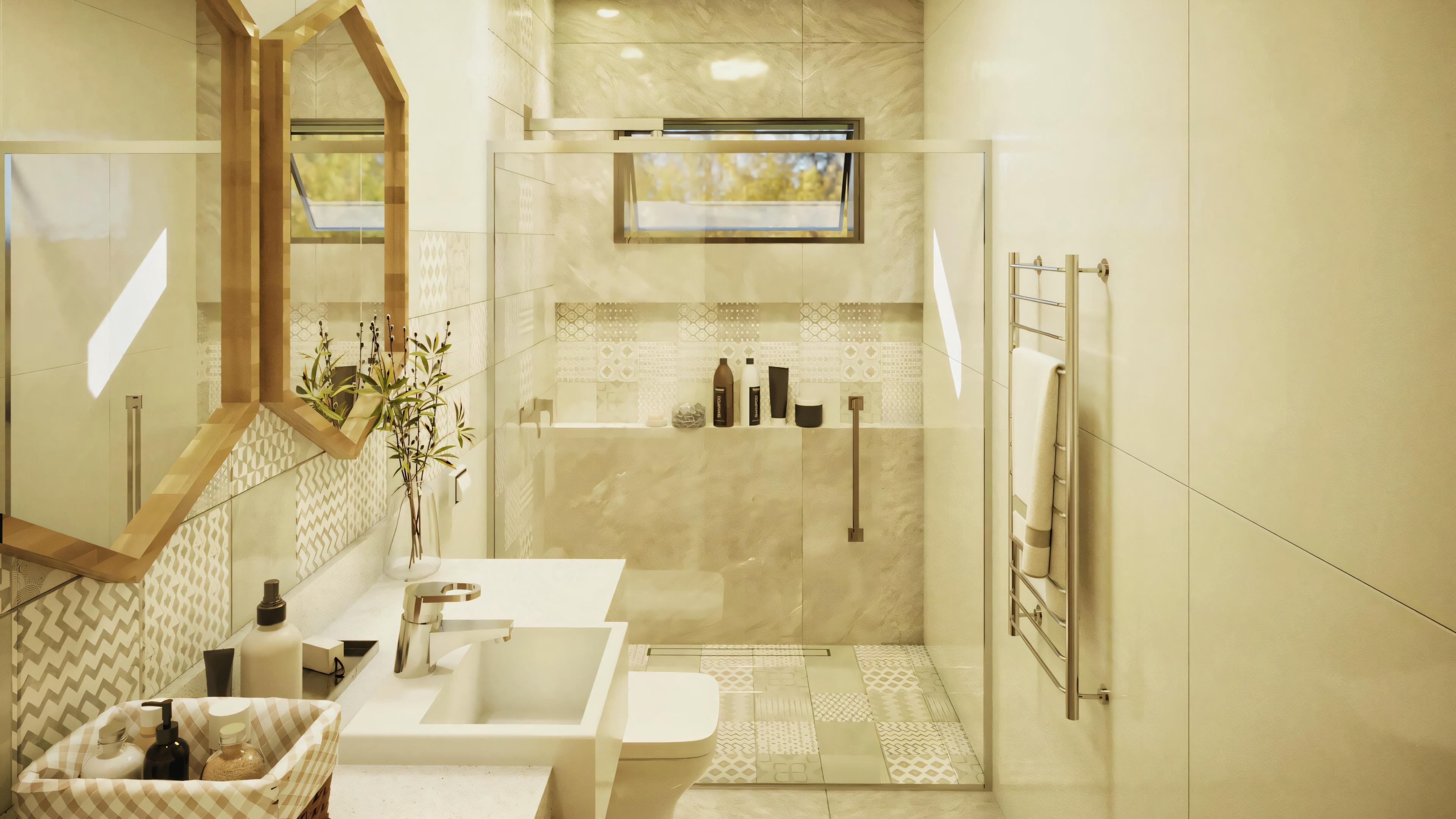 Un baño con mampara de cristal, inodoro y zona de tocador con espejo.