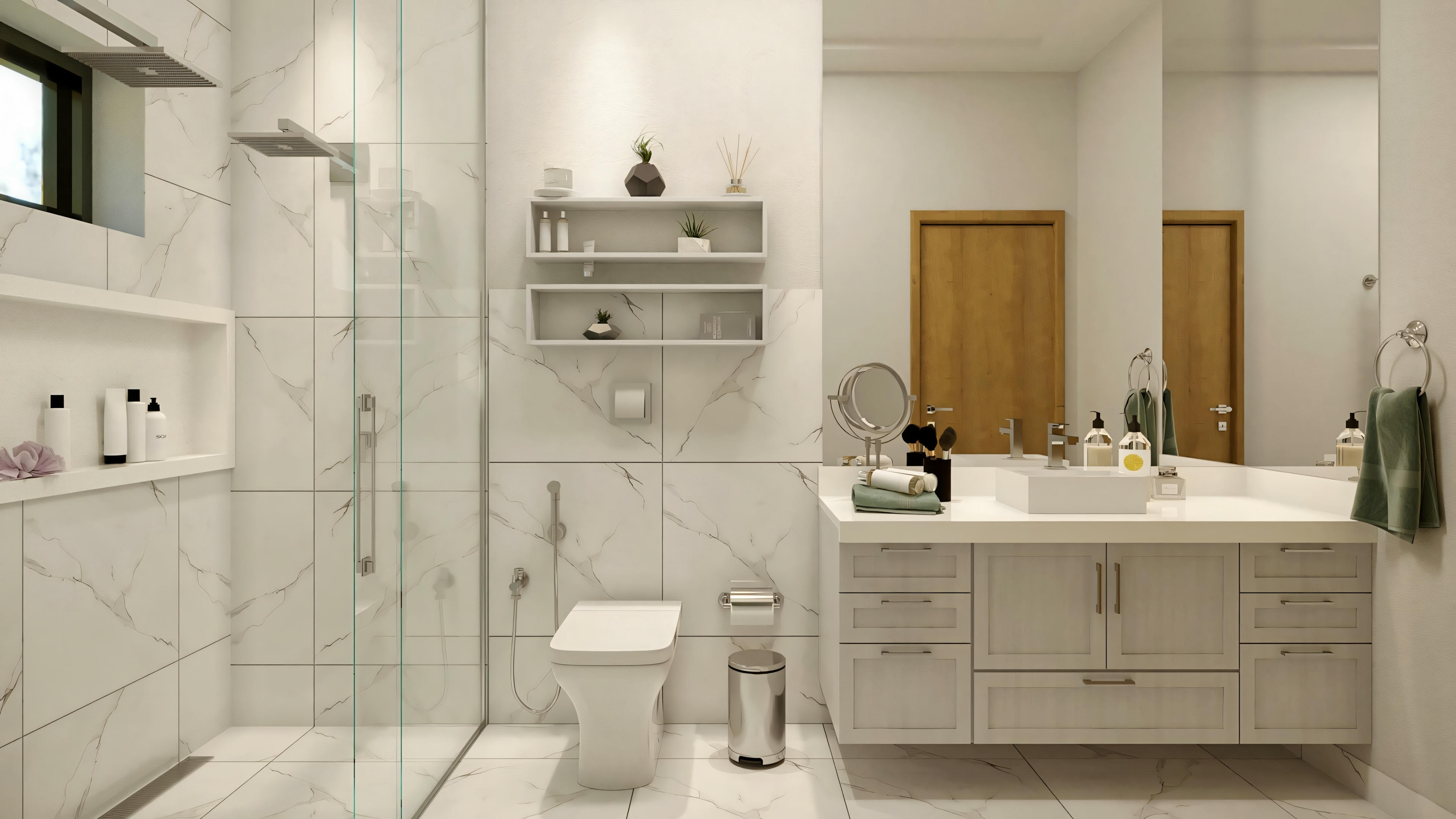 Un baño minimalista con azulejos blancos, puertas de cristal en la ducha, encimera blanca con armarios oscuros debajo y dos espejos sobre lavabos dobles.