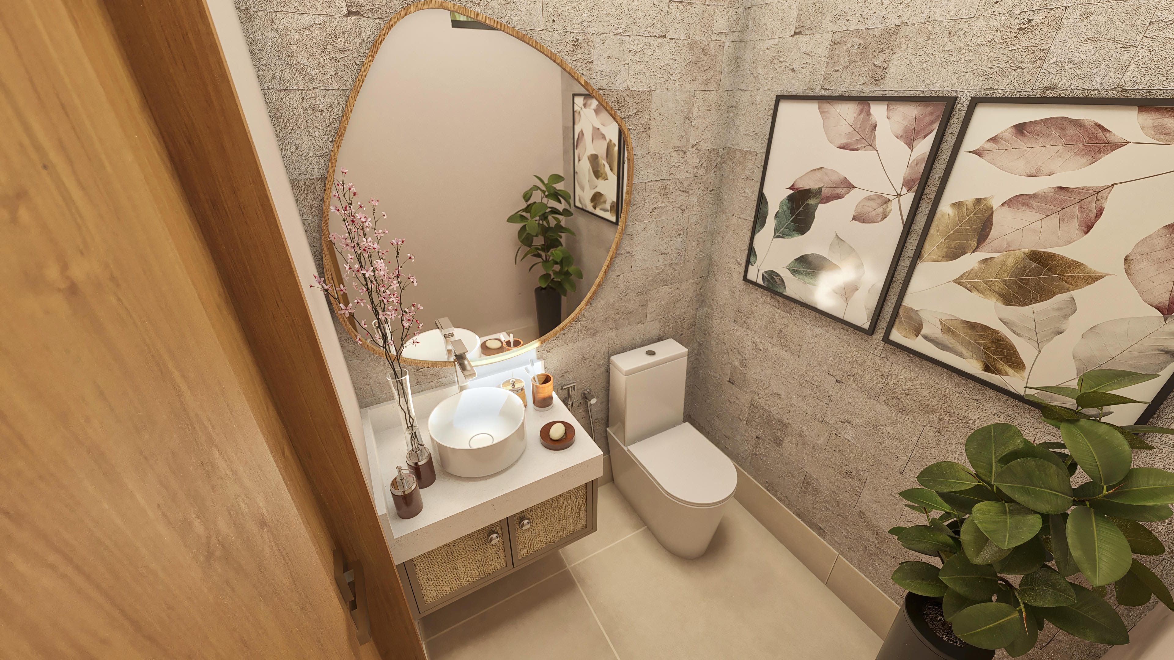 Detalle de un baño moderno con revestimiento en piedra texturizada, espejo con marco orgánico de madera, lavabo de sobreponer blanco y inodoro suspendido.