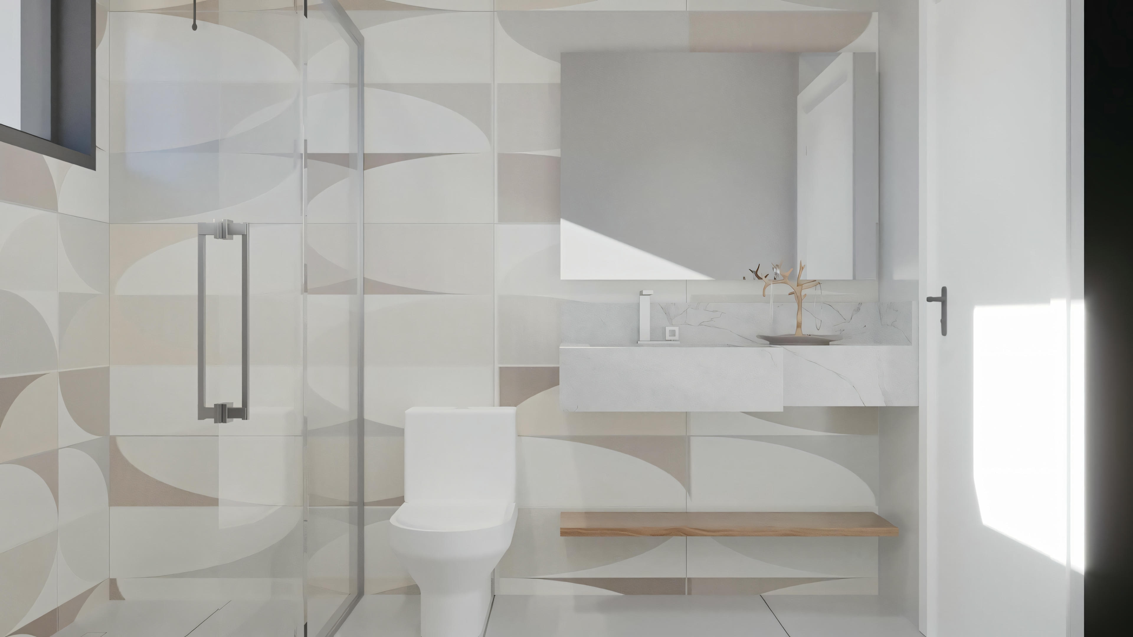 Un baño moderno con esquema de colores blancos, incluyendo la encimera con un lavamanos y gabinetes.