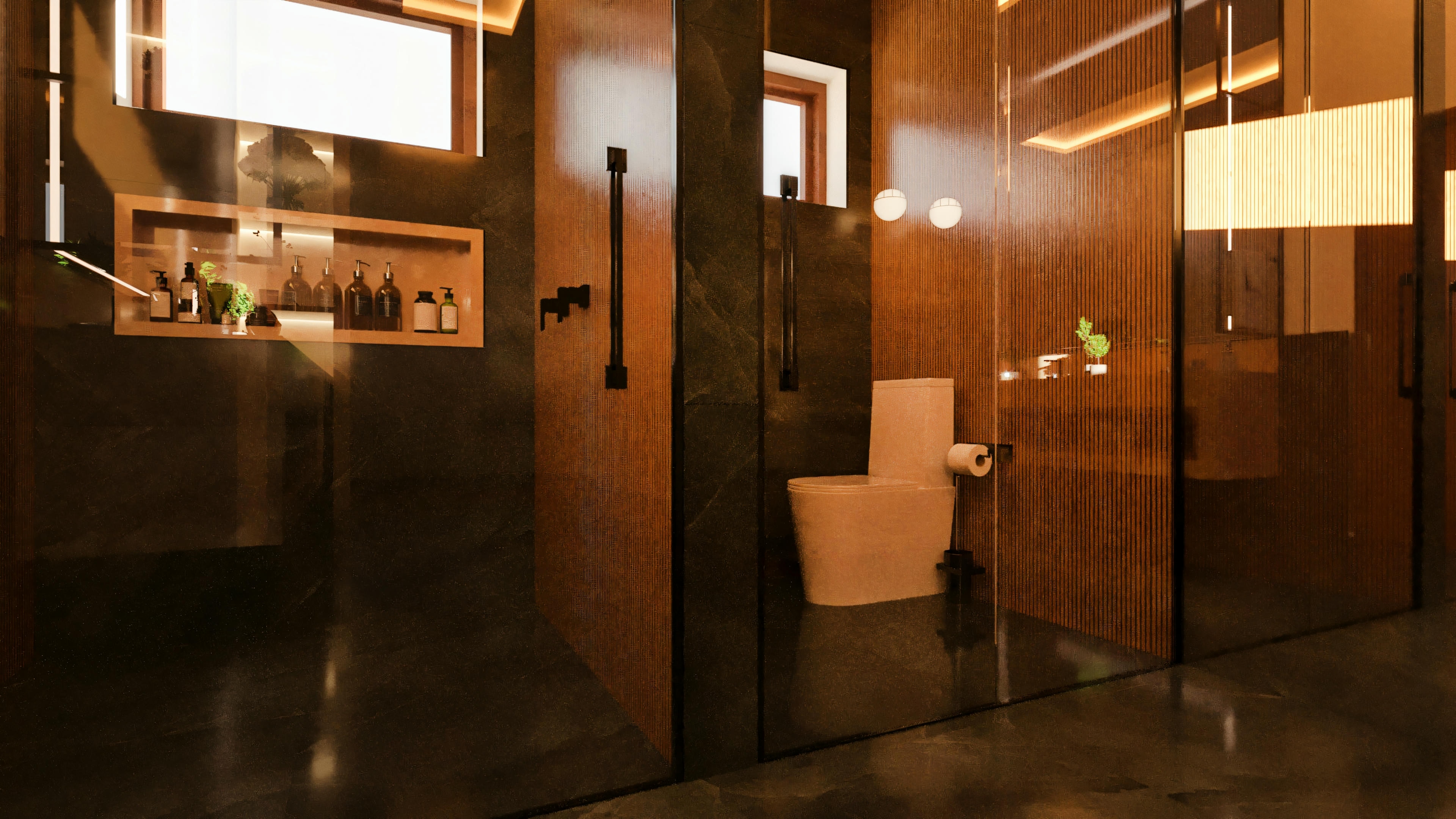 Baño de suite en casa de lujo con suelo y paredes parciales de piedra oscura, área del inodoro con revestimiento en panel de madera laminada vertical, ducha con mampara de vidrio con perfilería negra, hornacina embutida iluminada con fondo de madera y ventanas altas para luz natural.