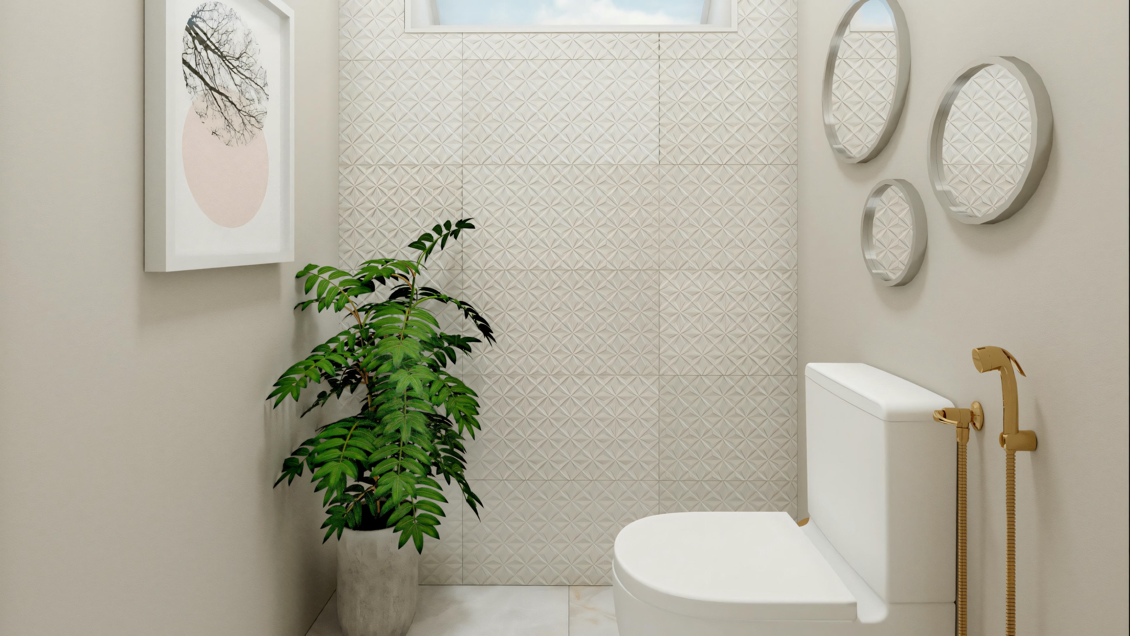 A bathroom with white walls, equipped with a toilet and sink, with a mirror above the sink and three decorative mirrors on the adjacent wall.